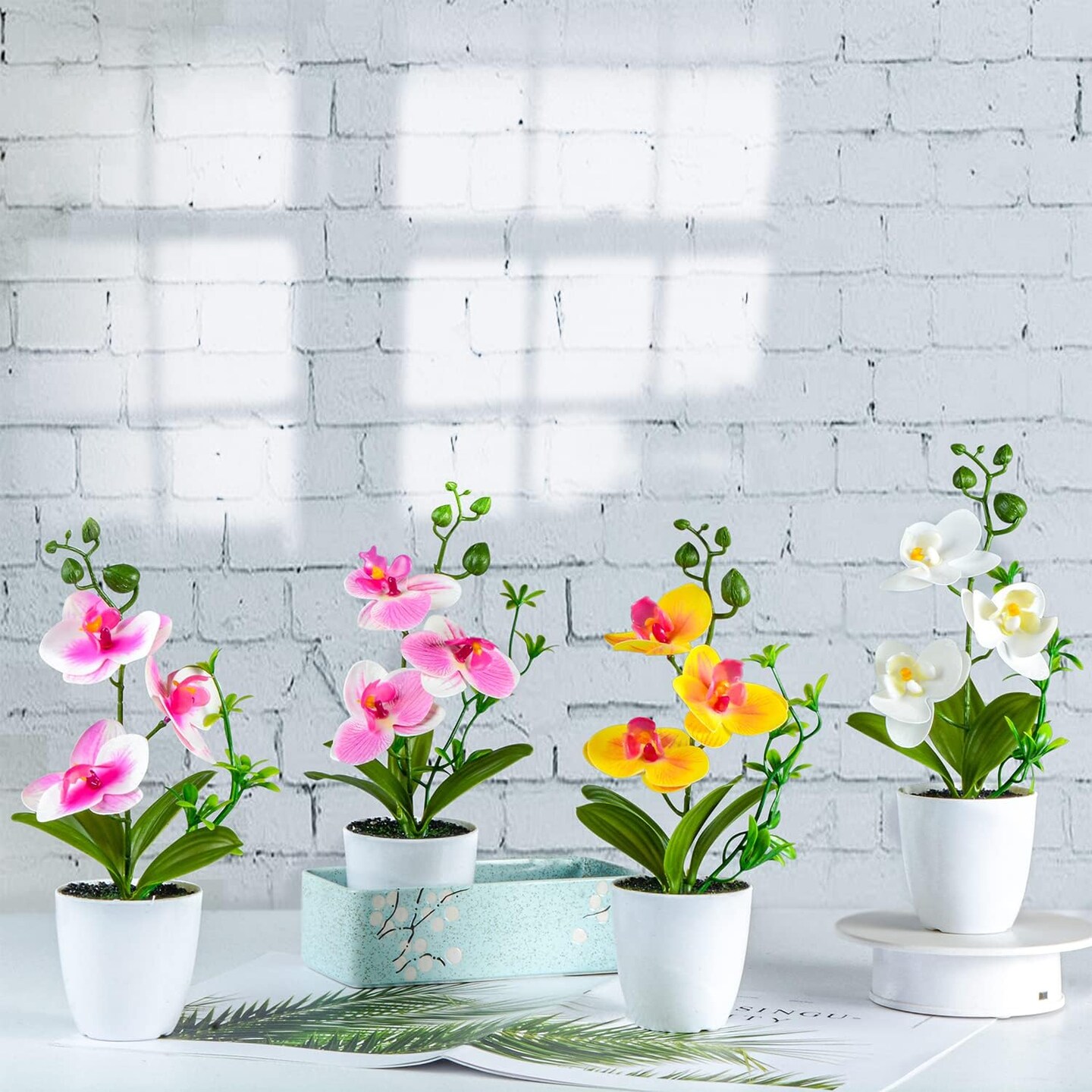 4Pcs Artificial Summer Potted Plants, Orchid Flowers Mini Potted Orchid Flowers Fake Orchids with Plastic Vase for Home Office Wedding Table Centerpiece