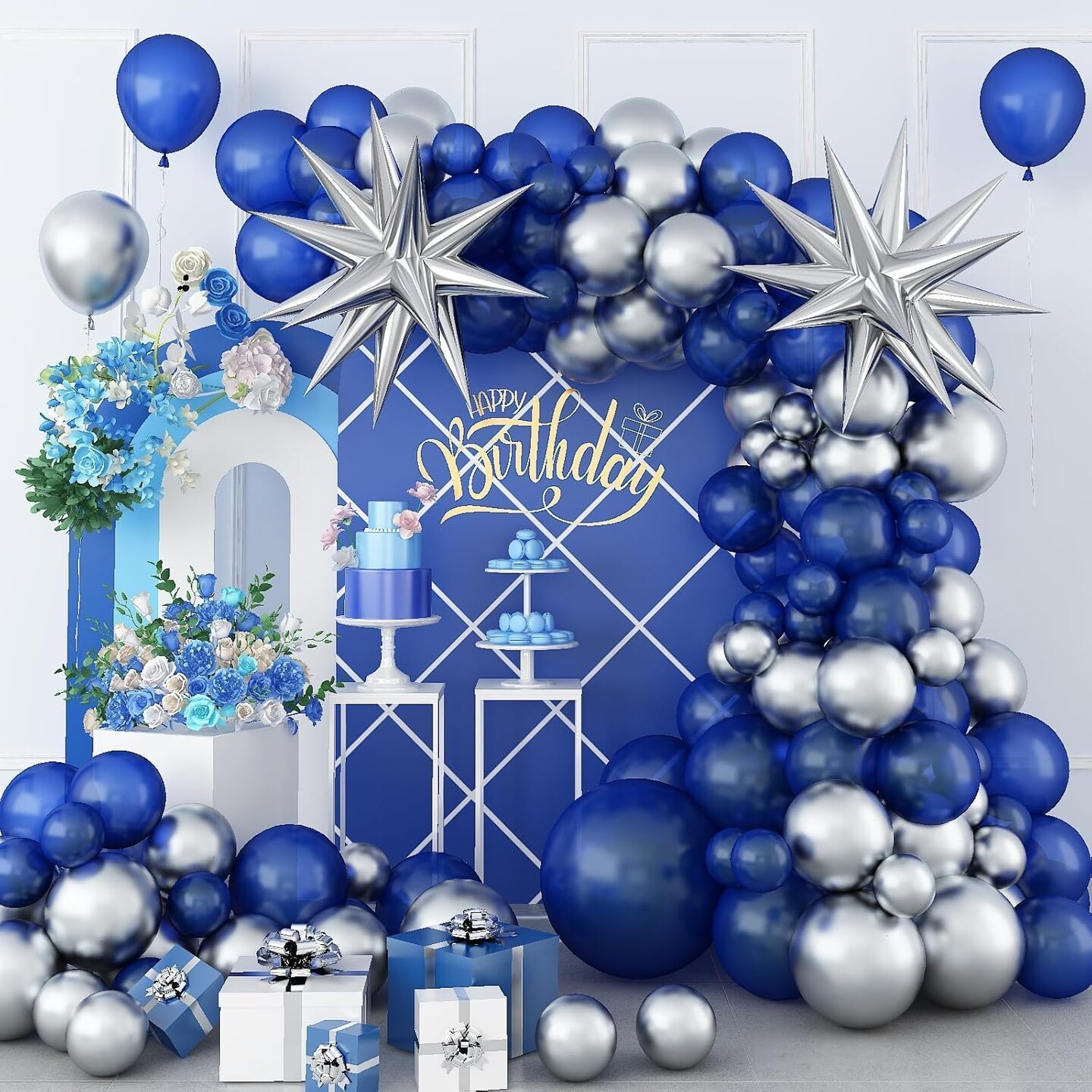 Royal Blue and Silver Balloon Garland Kit, Blue and Silver Balloons,Navy Blue and Silver Balloons with Royal Blue and Silver Balloon