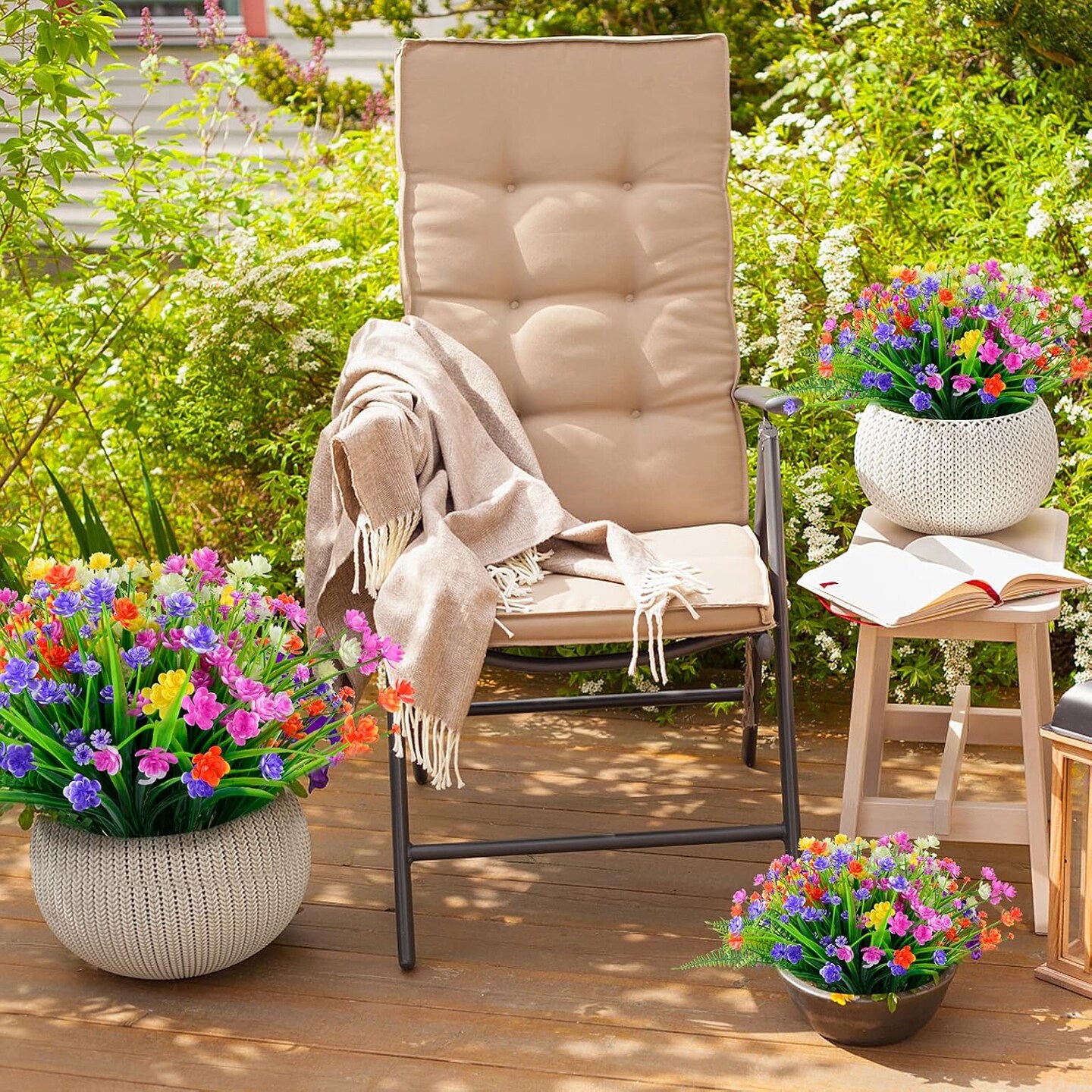 12 Bundles Summer Potted Plants Artificial Flowers for Outdoor UV Resistant Plastic Plants Fake Flowers
