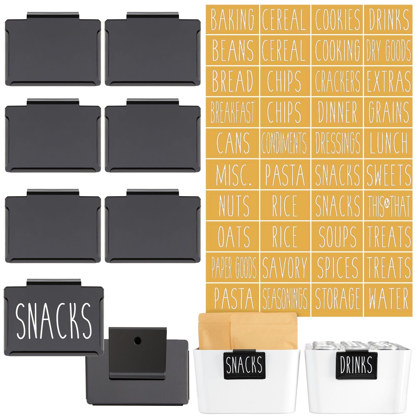 Talented Kitchen 8 Piece Metal Basket Labels Clip On Holders with 40 Labels for Kitchen Storage, Black Label Clips for Storage Bins