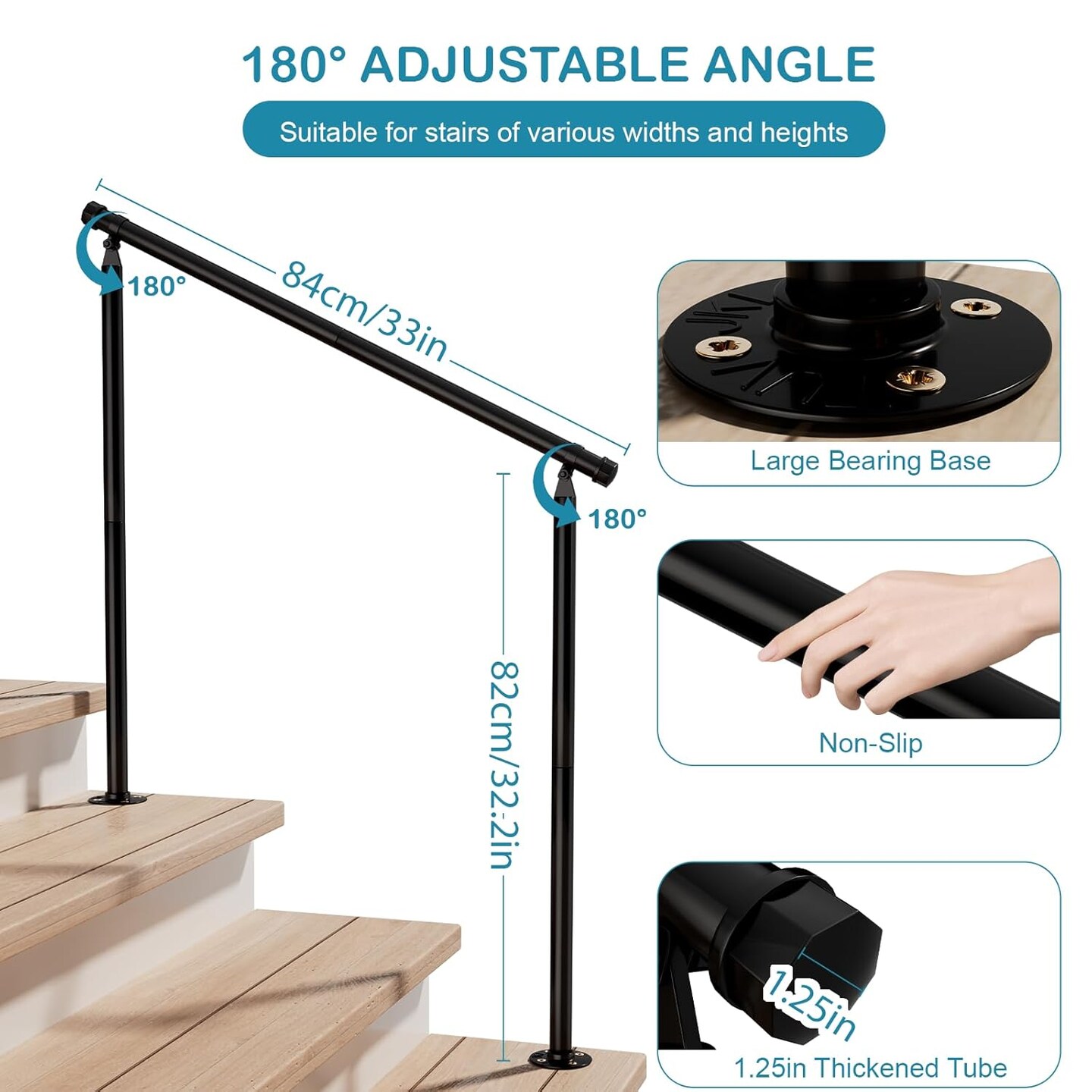 2-Pack Outdoor Stair Railing Handrails for 2-3 Steps &#x2013; Heavy-Duty Wrought Iron with Non-Slip Grip &#x26; Installation Kit, 500 lb Capacity (33&#x22;W x 32&#x22;H, Black)