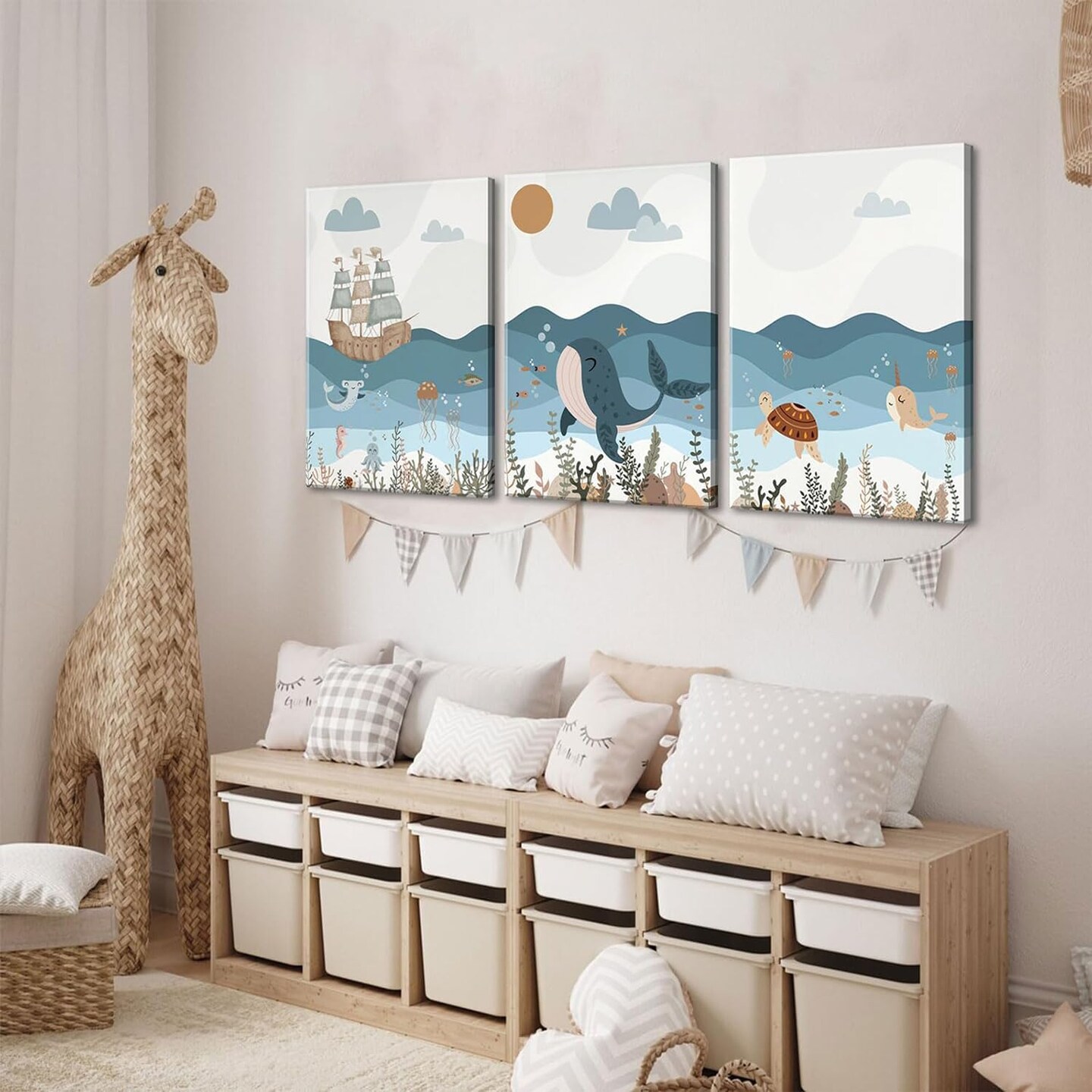 Framed Summer Blue Ocean Nautical Nursery Canvas Wall Art Decor Sea Turtle Whale 12&#x22;x16&#x22;