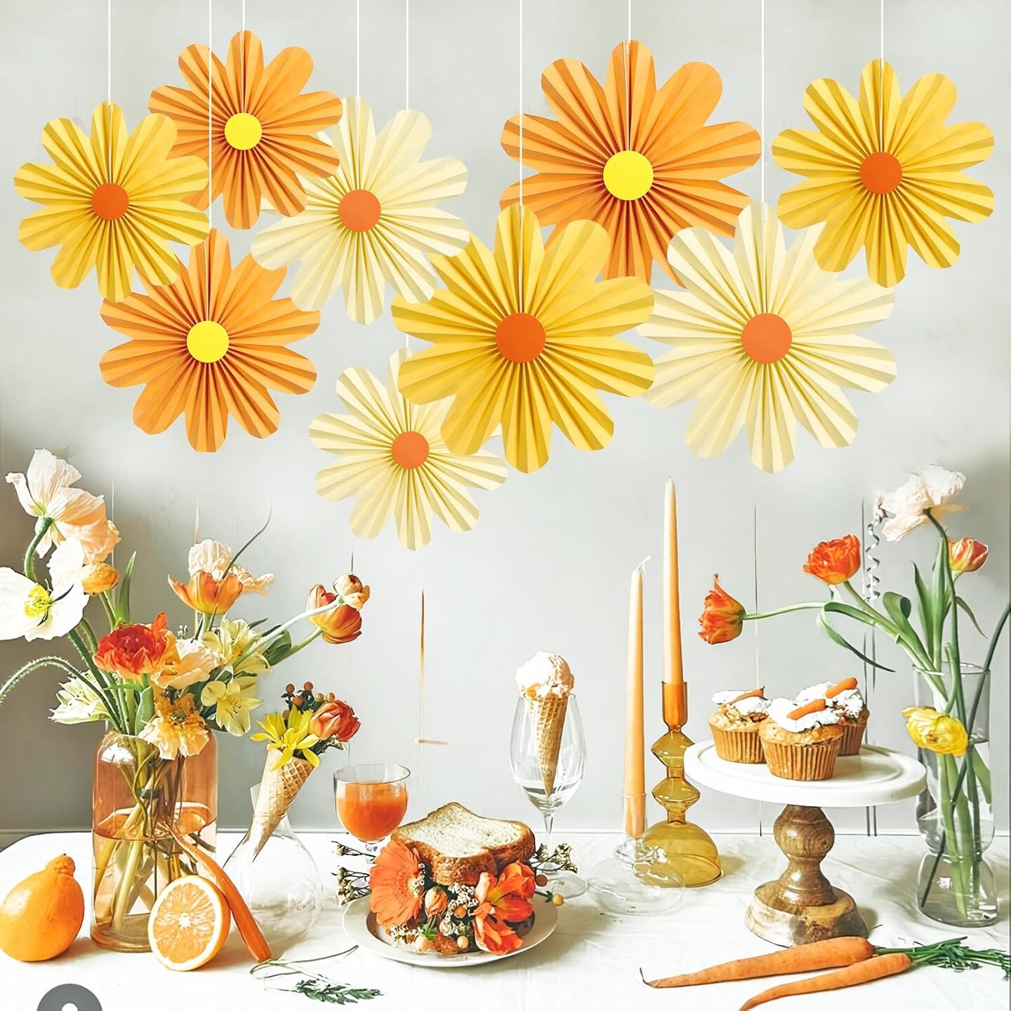 9 PCS Orange Paper Flowers Decorations for Wall Paper Fans Daisy Decoration Paper Floral Backdrop Decor Paper Fans Decoration