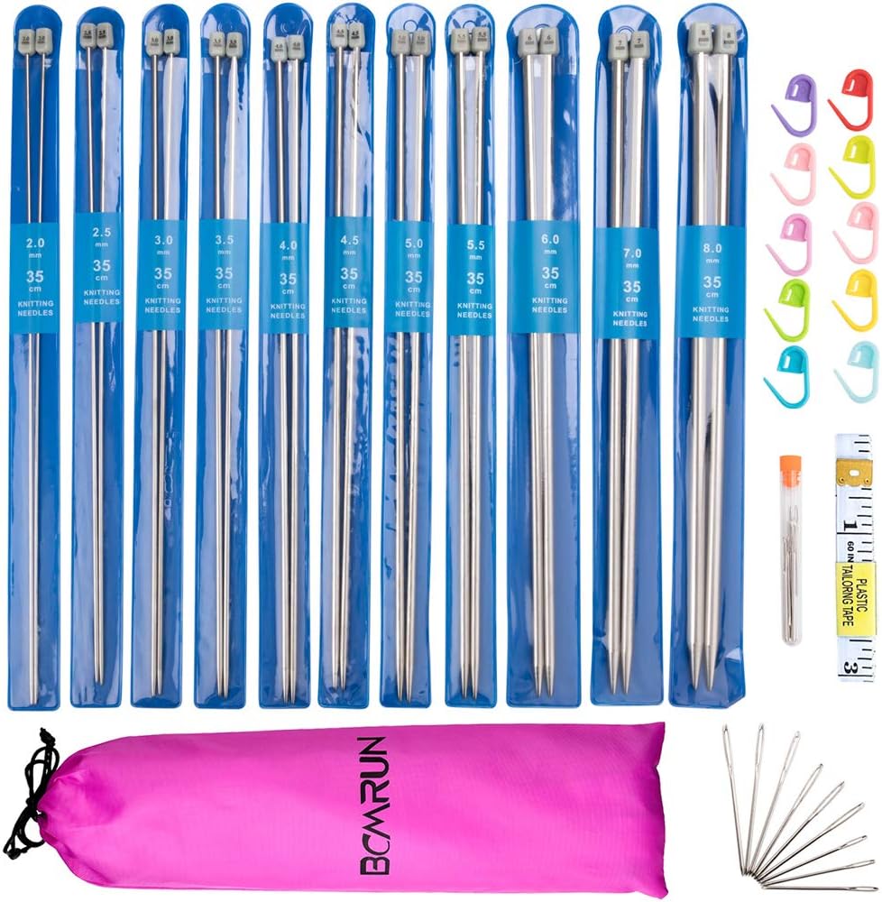 Knitting Needle Set, 22PCS 2mm(B)-8mm(L) Straight Single Pointed Stainless Steel Sweater Needles Set(11Pair-11 Size,9.8 inch) with Locking Stitch Makers Large-Eye Needles Measure Tape (36CM)
