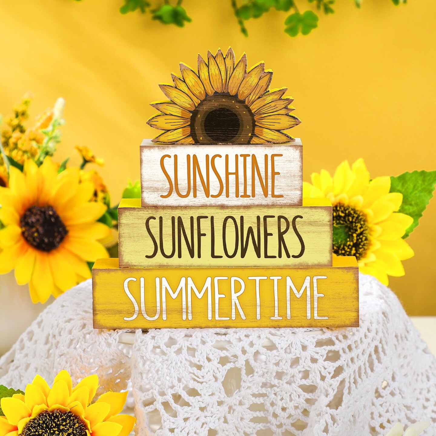 4 Pcs Summer Wooden Tiered Tray Decor Farmhouse Rustic Table Decor Books Stack Block Signs for Table &#x26; Home Office Decorations(Sunflower Style)