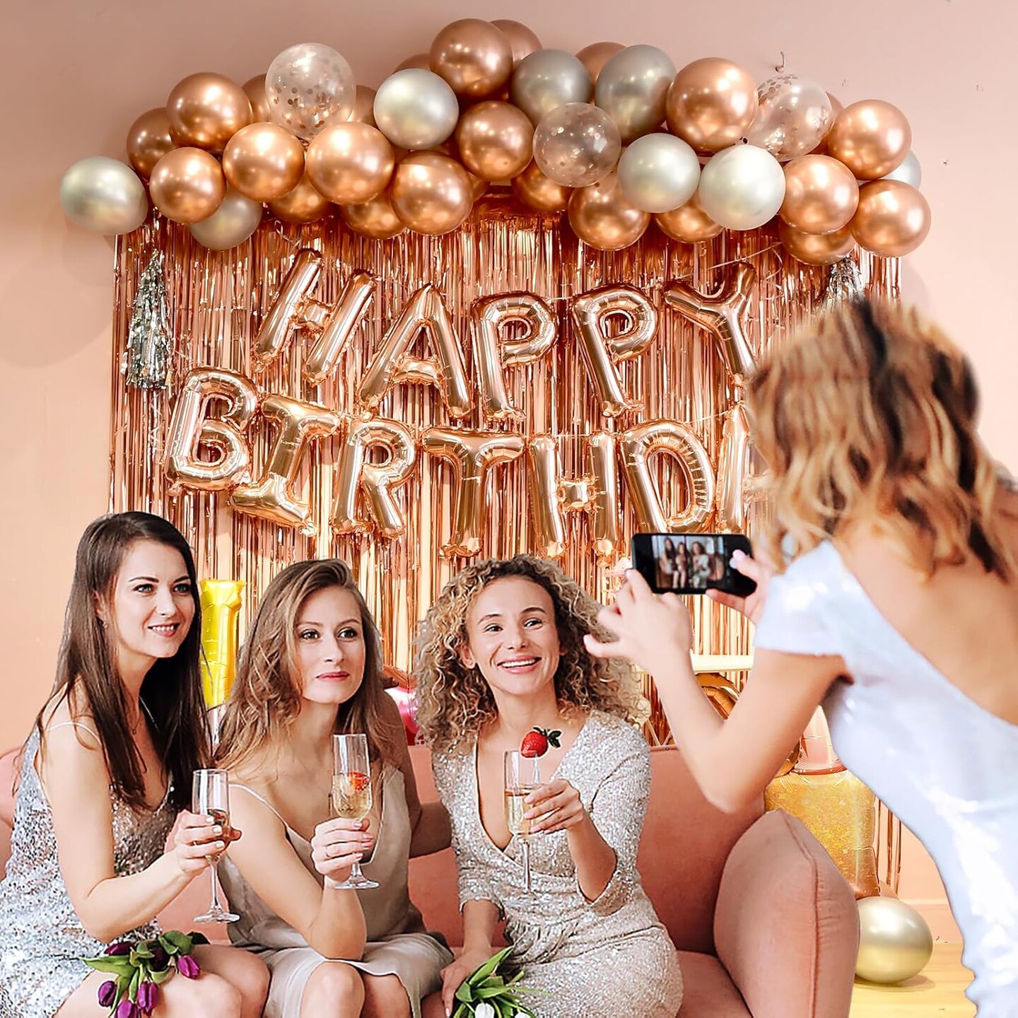 Rose Gold Birthday Decorations for Women and Girls – Includes Happy Birthday Banner, Balloon Letters, and Rose Gold Fringe Curtain