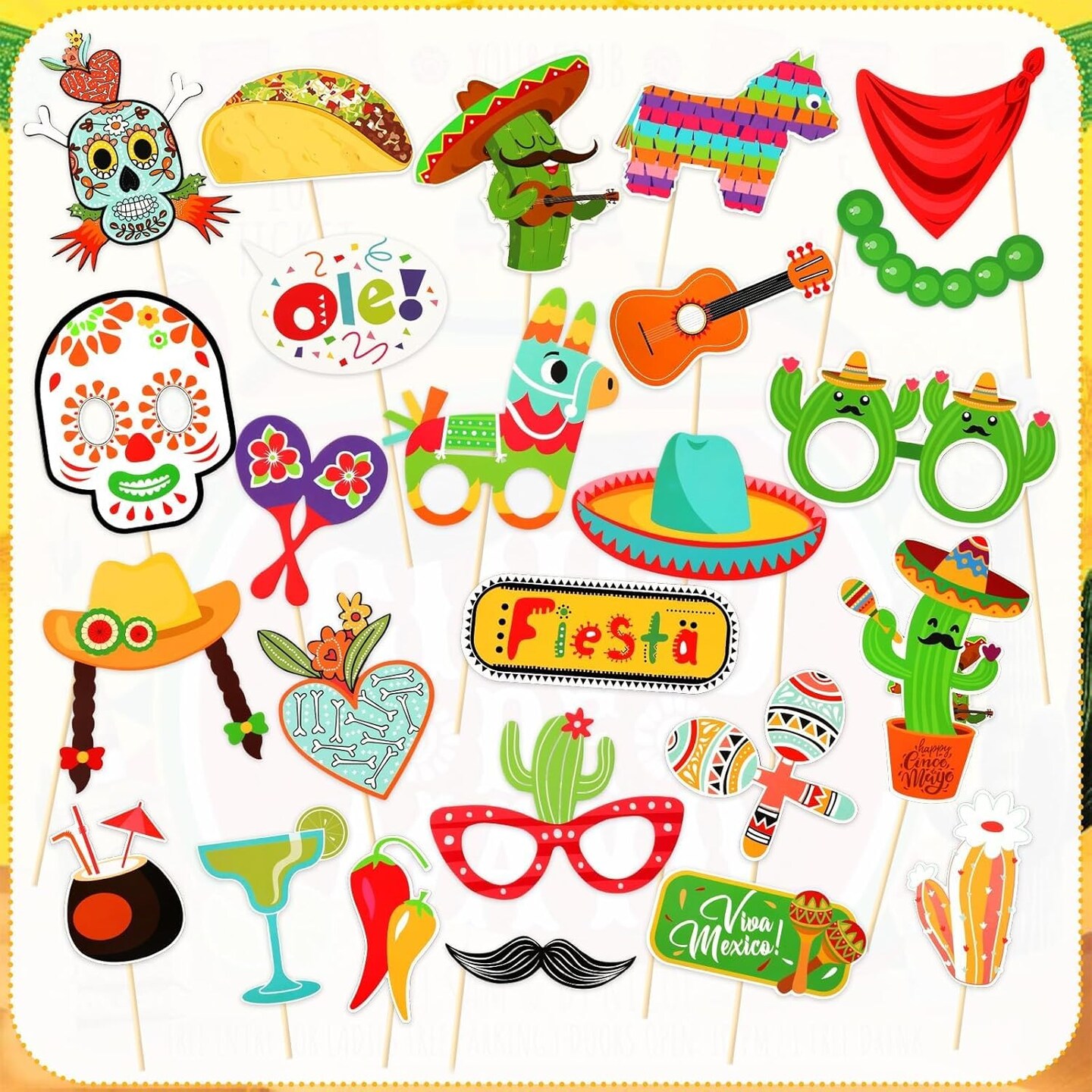Fiesta Photo Booth Props 26 PCS Set, Mexican Party Favors Large Photo Frame 30x25.6 Inch and Mexican Pose Sign Picture Props Selfie Cinco de Mayo Photo Booth Props for Fiesta Party Supplies