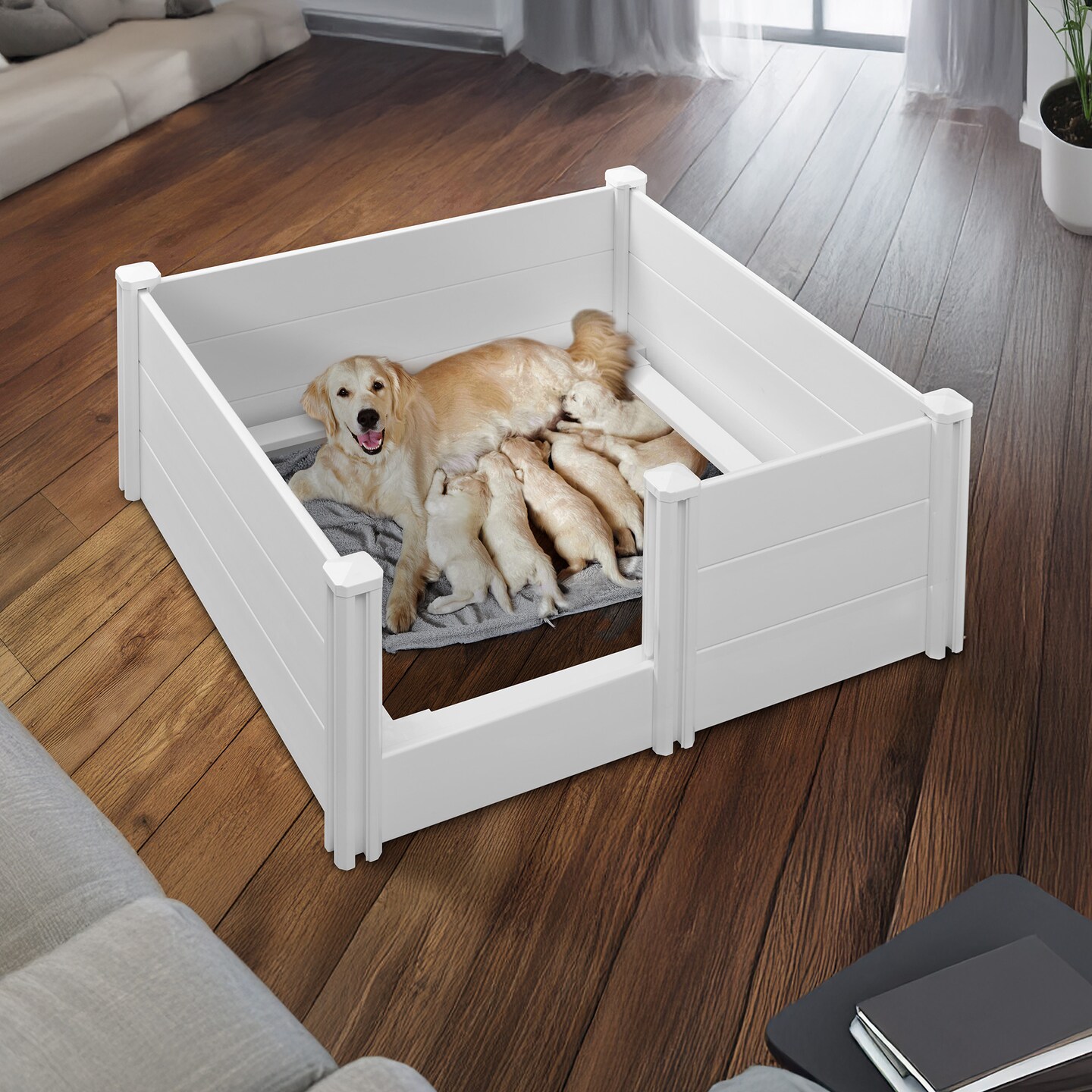 SmithBuilt 48" x 48" x 18" Whelping Box for Dogs and Puppies, Heavy Duty PVC Whelping Pen and Birthing Box with Rails and Adjustable Height Door, White