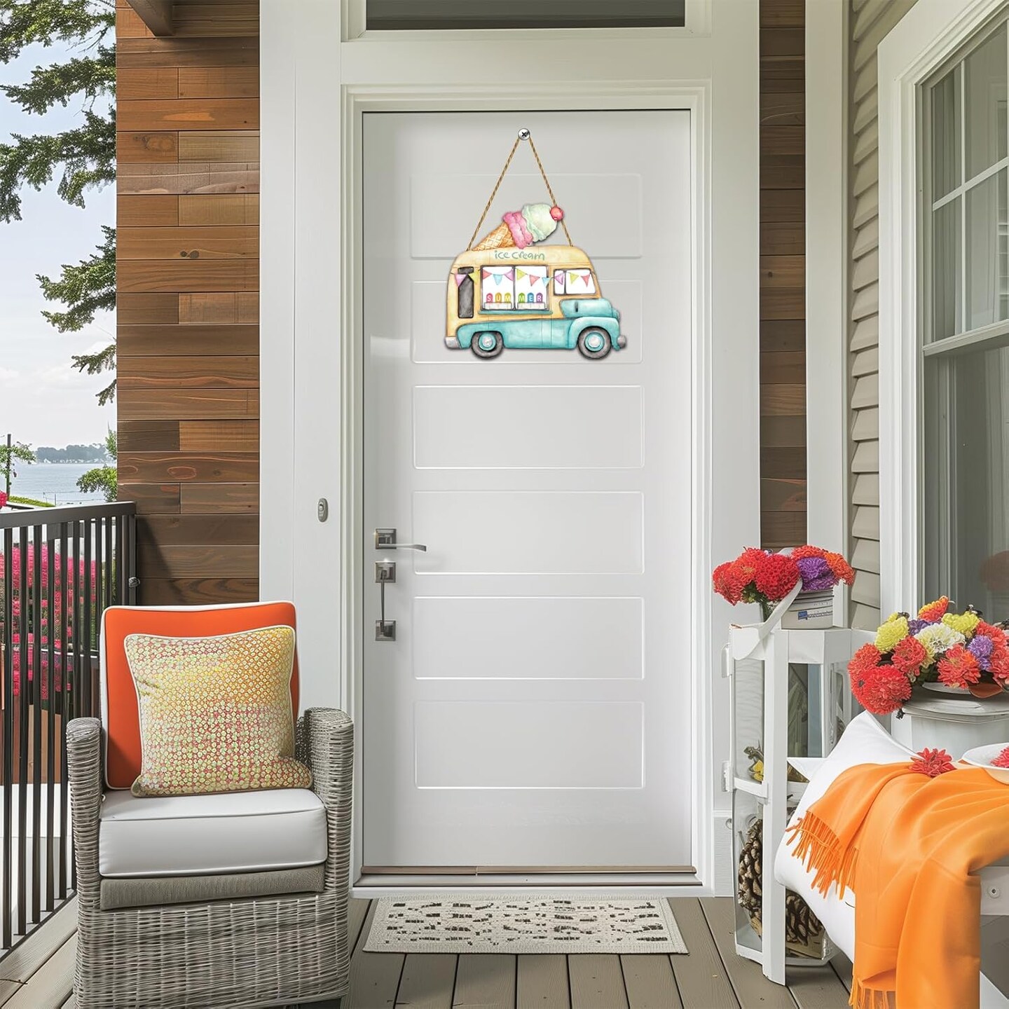 Summer Door Decor Ice Cream Truck Sign Hanging Plaque Colorful Popsicles Wooden Front Door Hanger for Office Wall Indoor Home Decorations