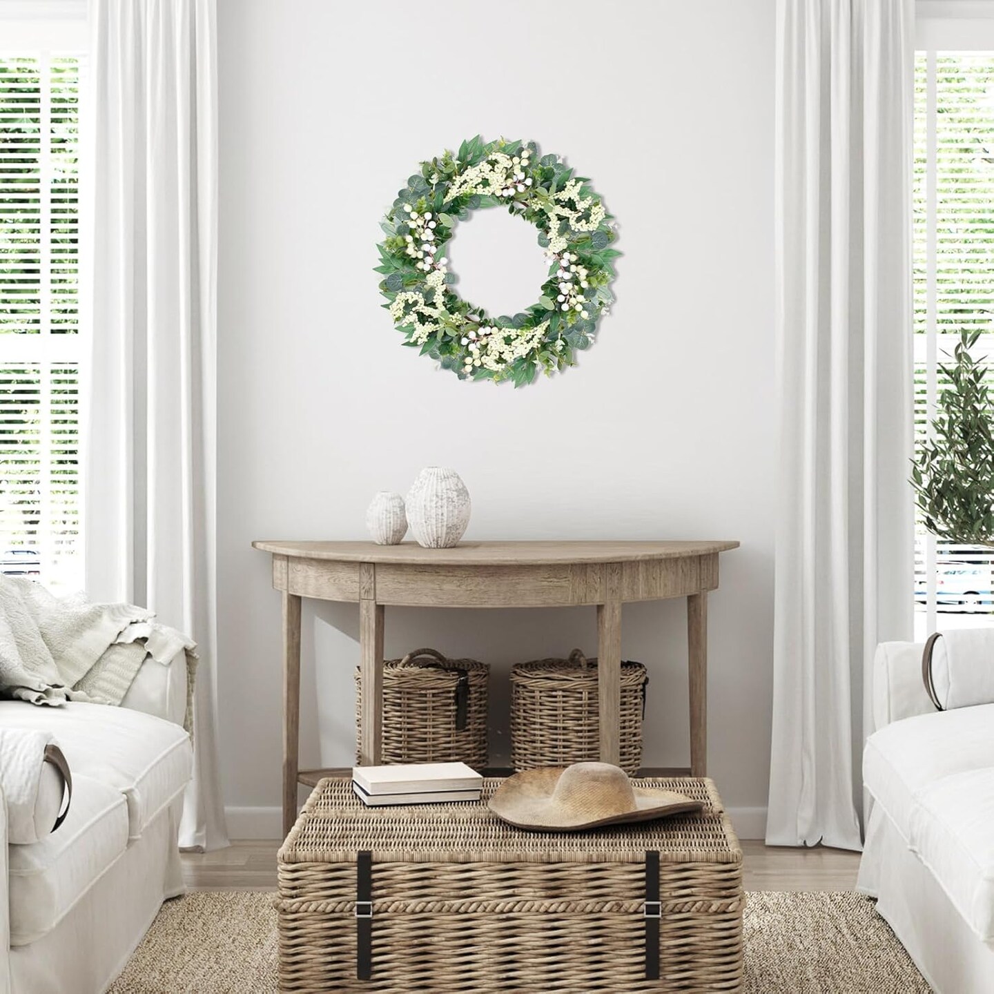 Eucalyptus Wreaths for Front Door, 18Inch Artificial Green Front Door Wreath Summer Porch Decor with Berries for Home Farmhouse Wall Outdoor Decorations.
