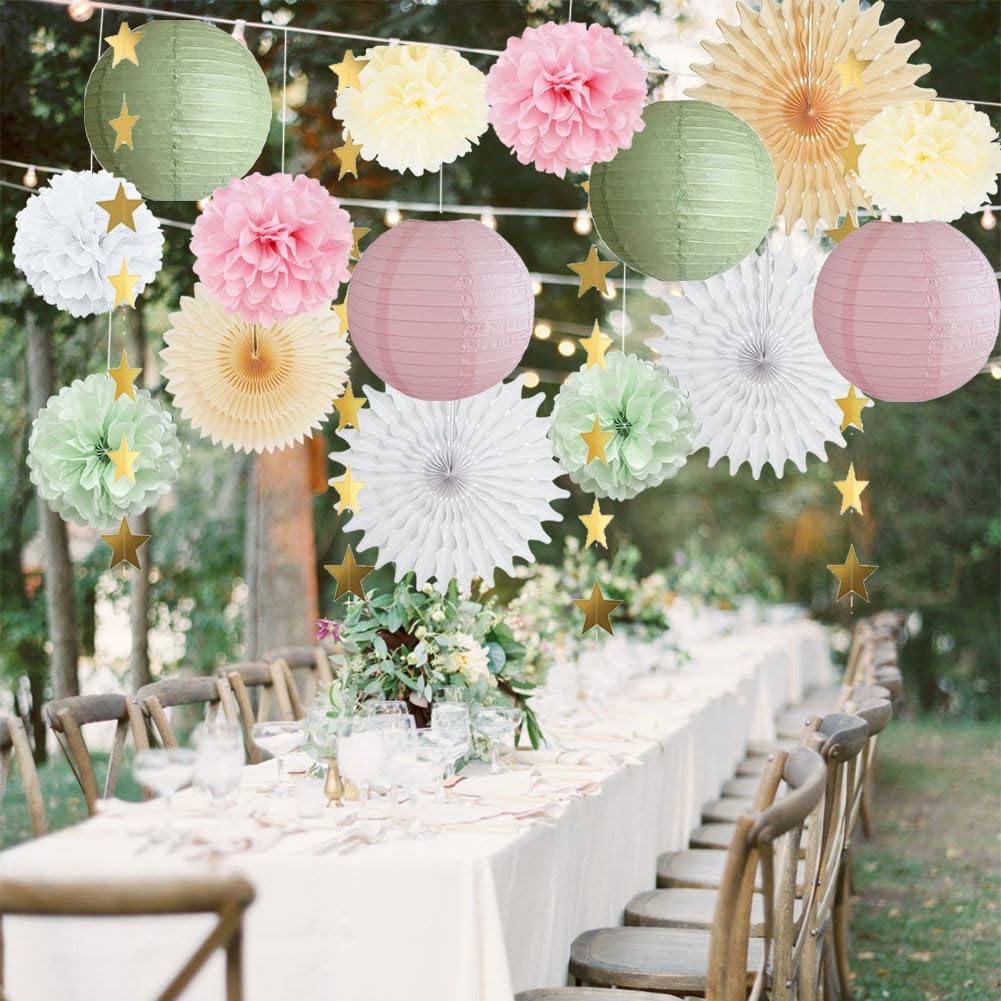 Sage Green and Pink Party Decorations Paper Lanterns Decorative Pink Gold Tissue Paper Pom Poms Sage Green Party Decorations Gold Star Garland for Baby Shower Bridal Shower Birthday Wedding Engagement