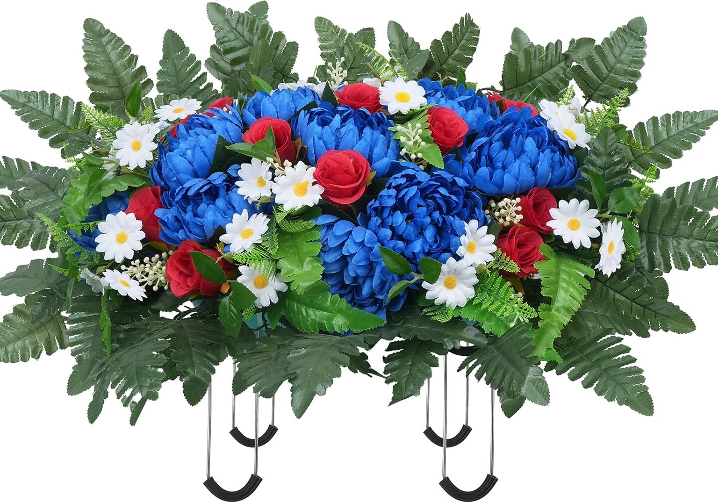 Artificial Cemetery Flower Saddle – Realistic Silk Mums & Red Roses Grave Decoration for Headstones, Tombstones, Outdoor Memorials, Autumn, Christmas, Funeral Floral Arrangement