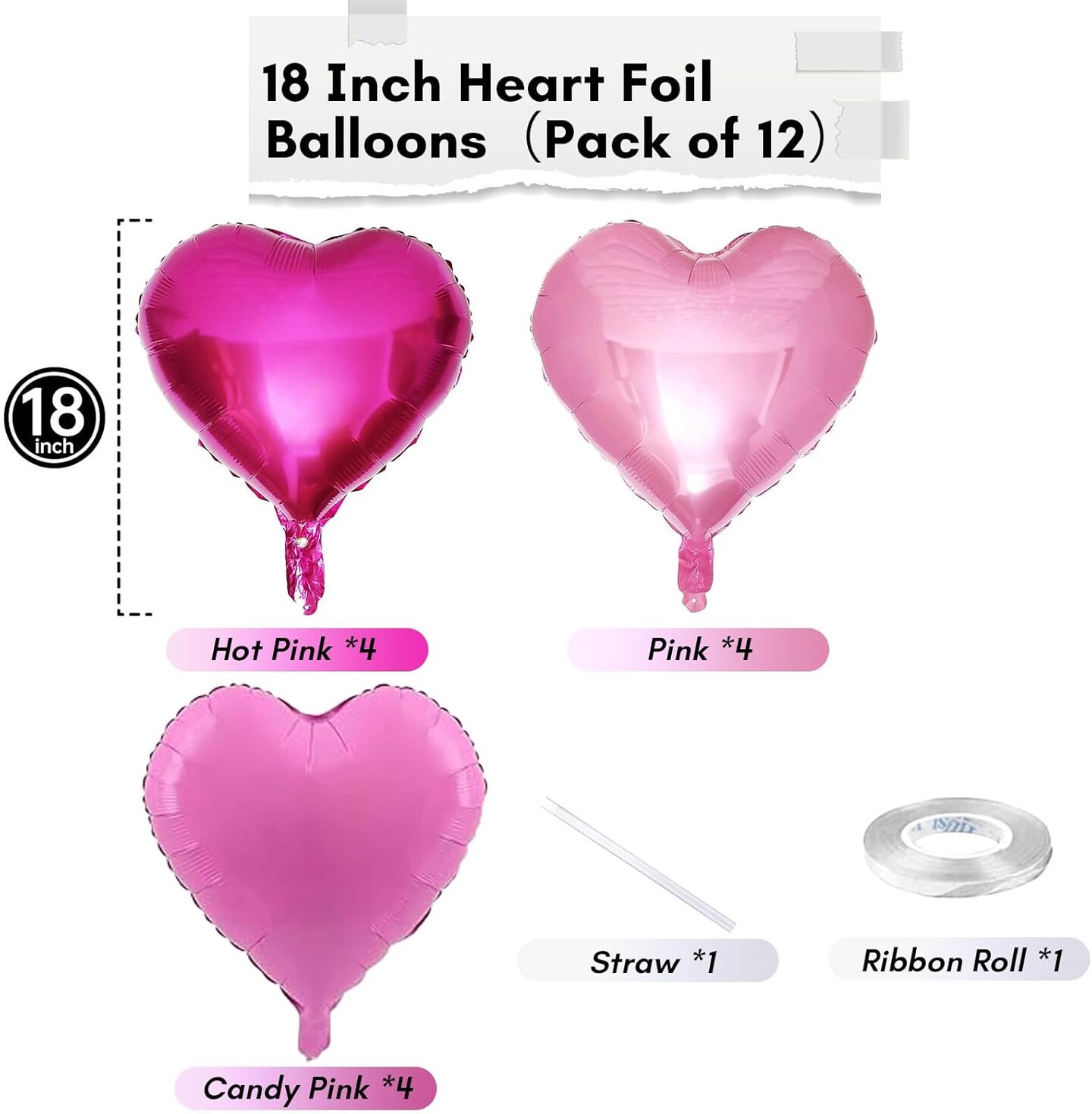 12-Pack 18in Pink Mixed Heart Foil Balloons – Hot & Light Pink Mylar Party Decor