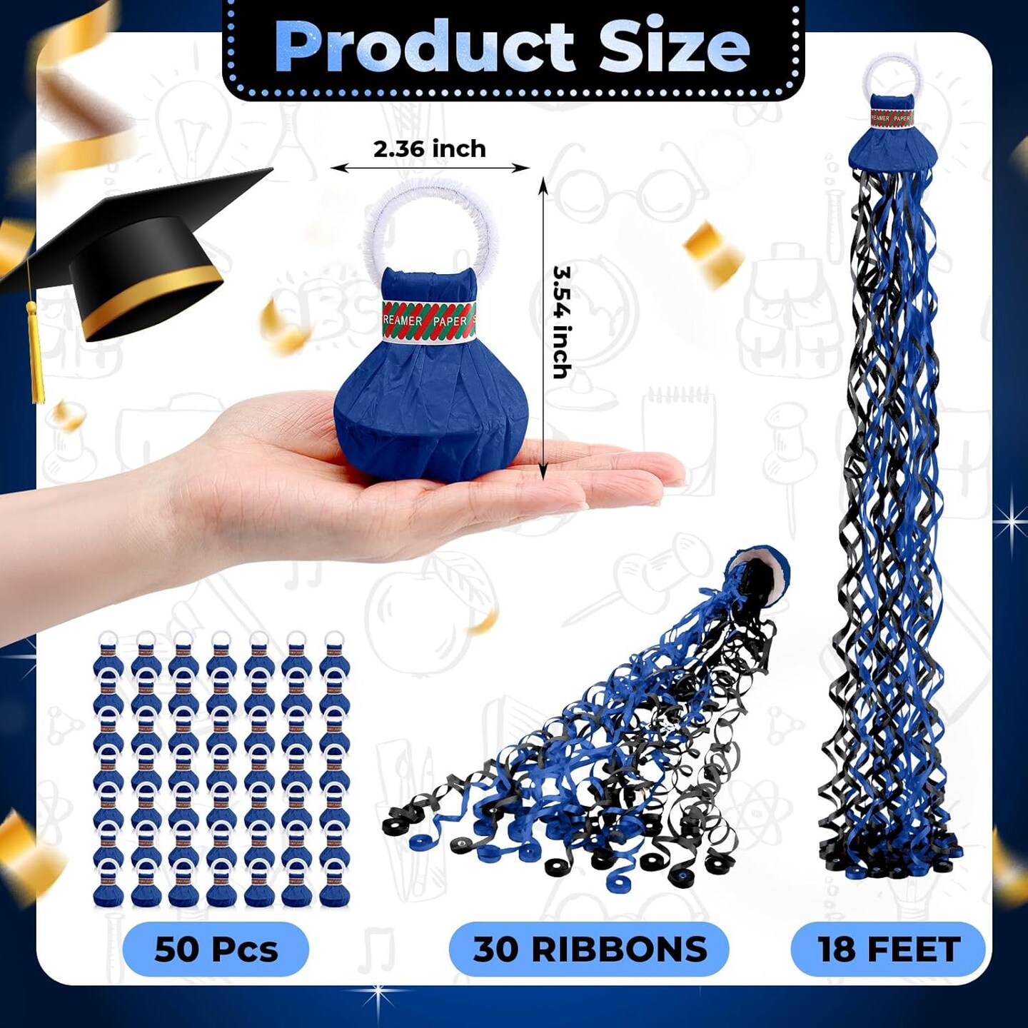 50 Pcs Graduation No Mess Confetti Popper Hand Throw Streamer Popper Bulk Colorful Party Confetti for 2025 Congrats Grad Birthday Wedding Party Celebration Supplies(Black, Blue)