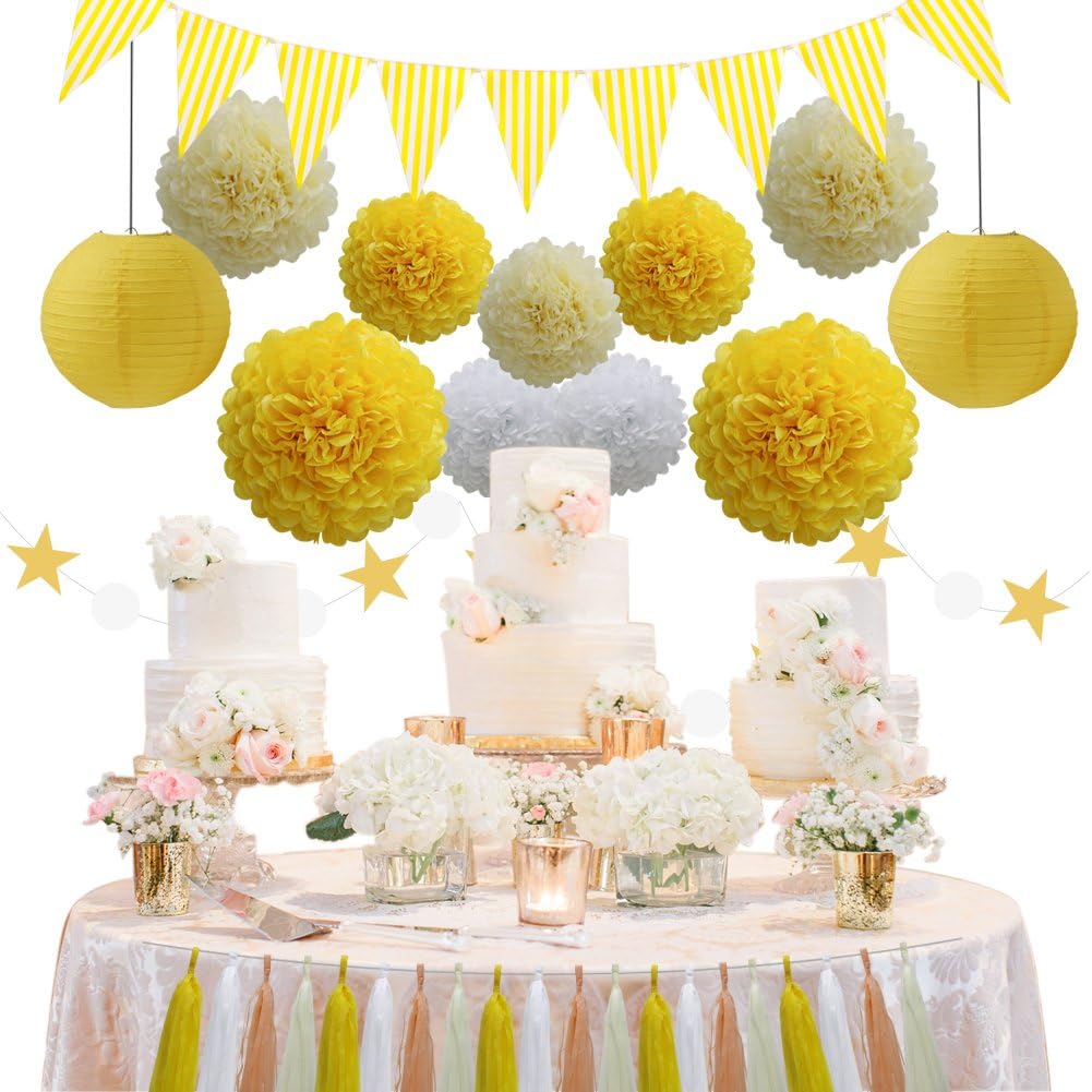 33pcs Party Decoration Supplies Set, Yellow Tissue Paper Pom Poms Flowers Paper Lanterns Tassels Hanging Garland Banner Triangle Flag Bunting for Birthday, Bridal, Baby Shower, Wedding Graduation