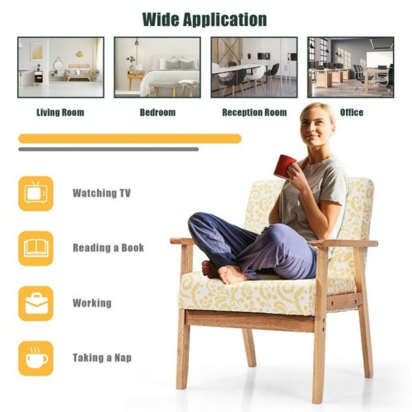 Modern Accent Armchair Fabric Lounge Chair with Rubber Wood Leg Ideal for Living Room or Any Other Space