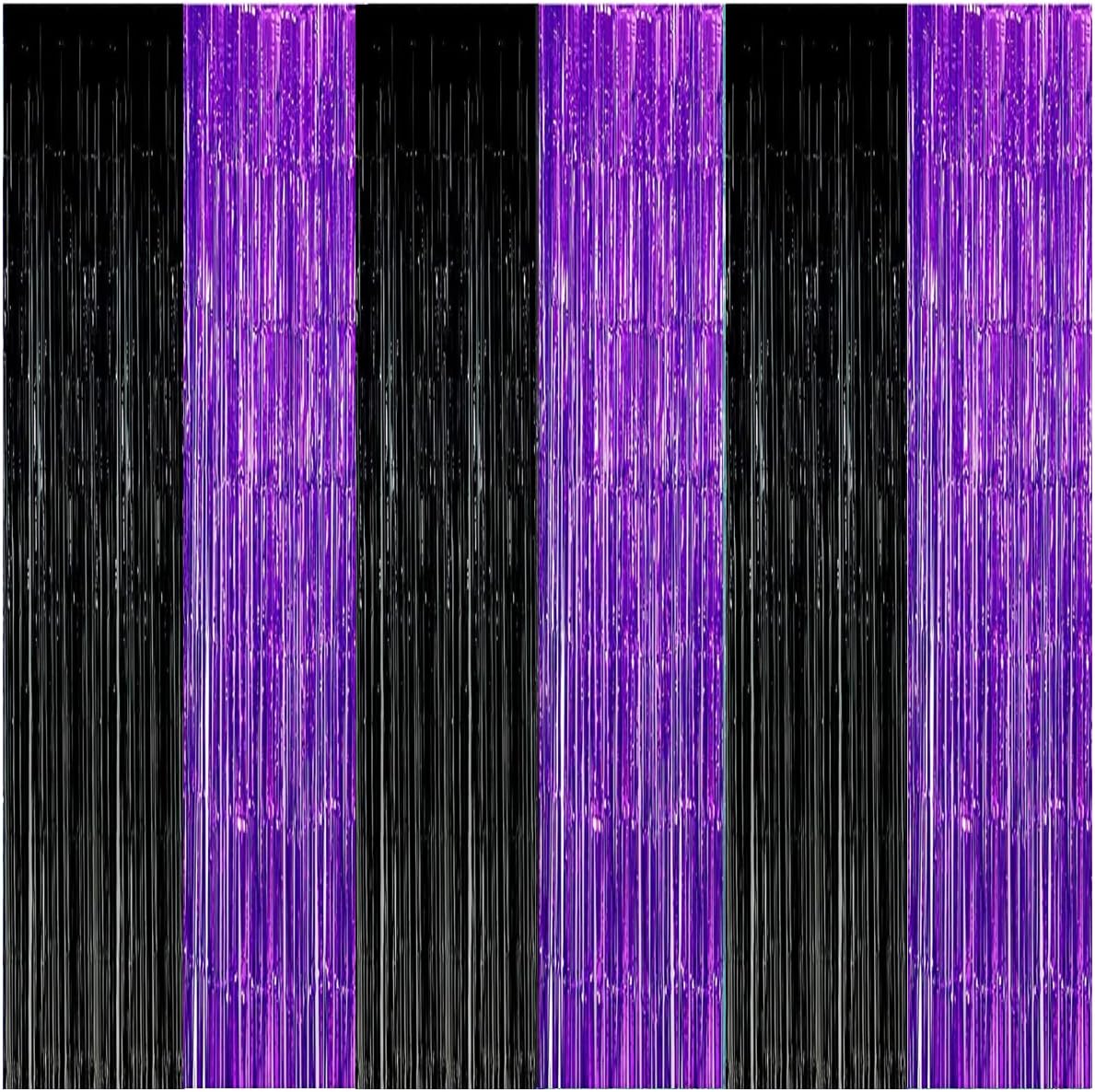 Graduation Decorations 2025 Purple Black Foil Fringe Backdrops, Black Purple Party Decorations Streamer Tinsel Curtains for Graduation Birthday Halloween Party(3 Pack)