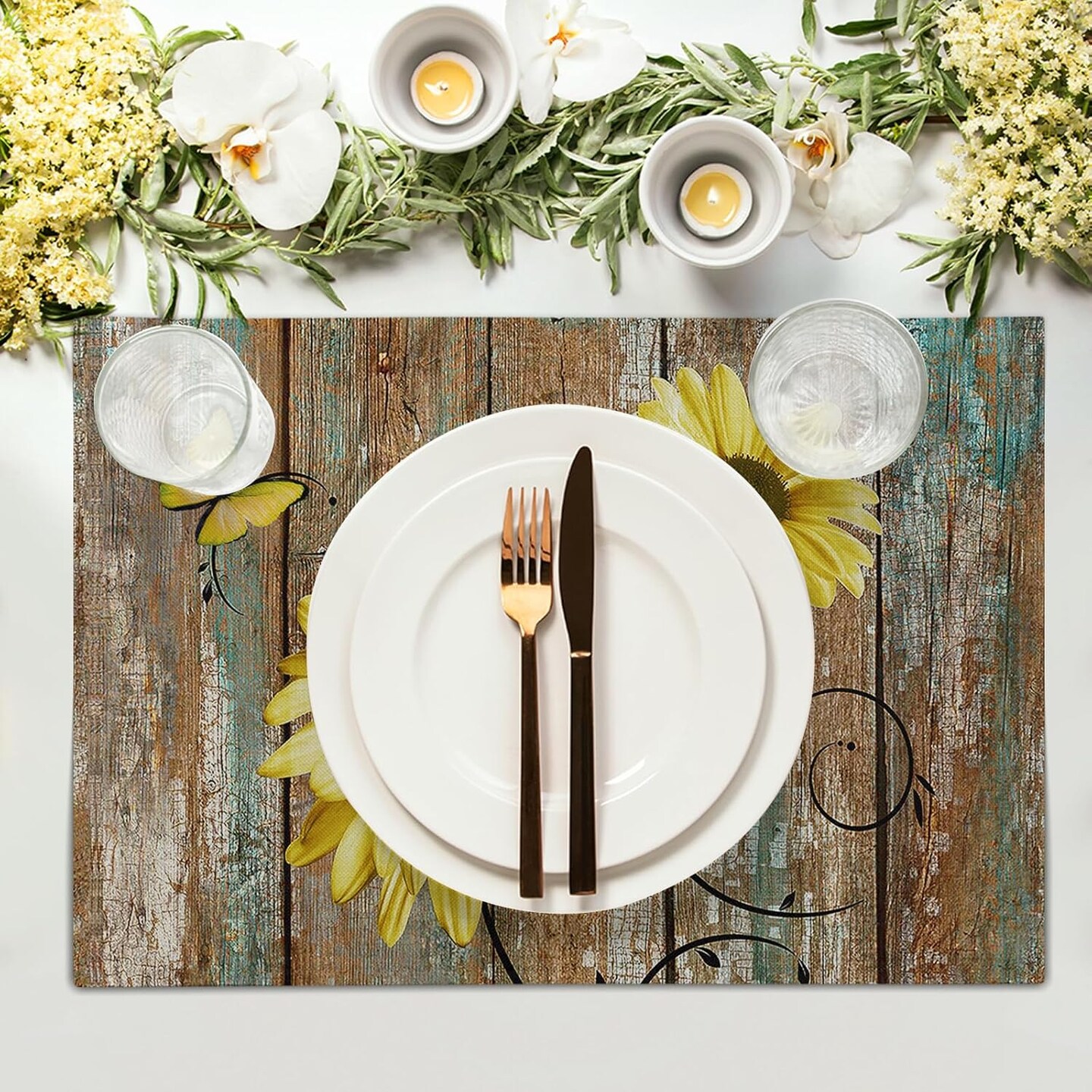 Summer Rustic Daisy Placemats Set of 4- Yellow Sunflowers Vintage Wood Board Linen Place Mat- Farmhouse Wooden Floral Non Slip Heat Resistant Table Mats for Kitchen Dining Cabin Lodge Decor