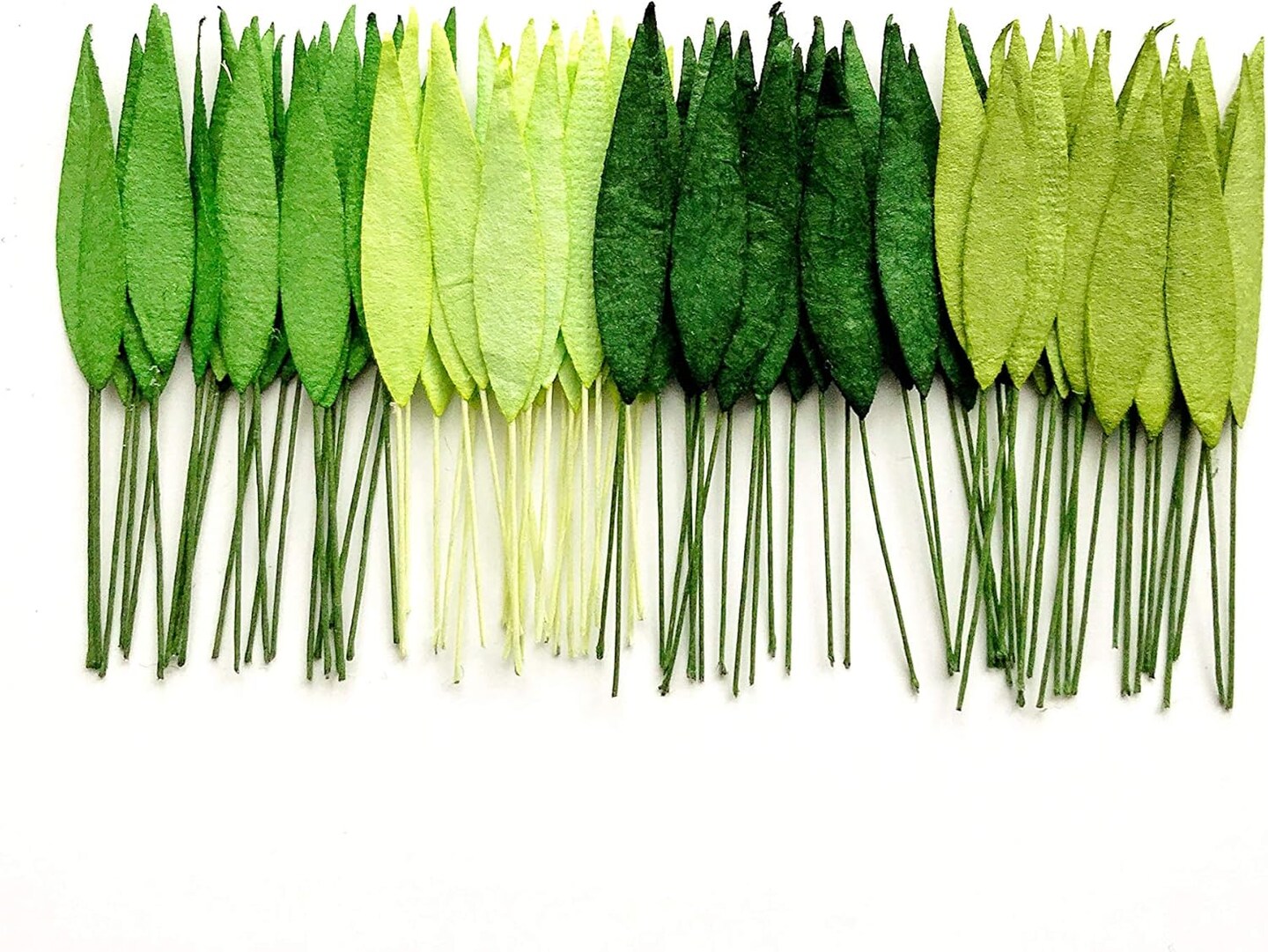 50-Piece Mixed Green Mulberry Paper Leaves with Wire Stems - 8mm Mini Grass Leaf Embellishments - Handmade Craft Supplies for Scrapbooking, Card Making, Wedding Decor, and DIY Floral Arrangements
