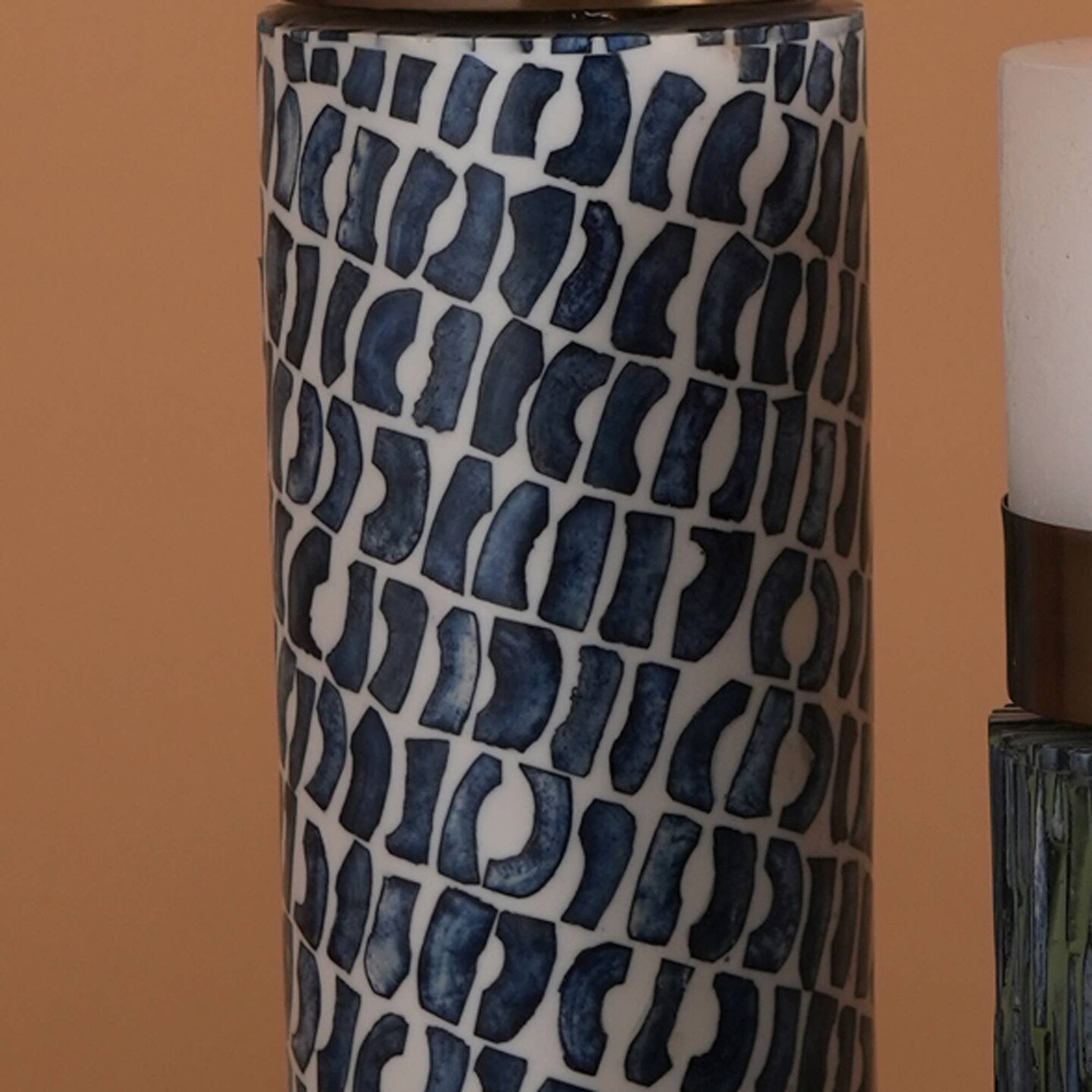 Bone with Resin Inlay Candle Stand with Brass Top - 4" x 15.5"