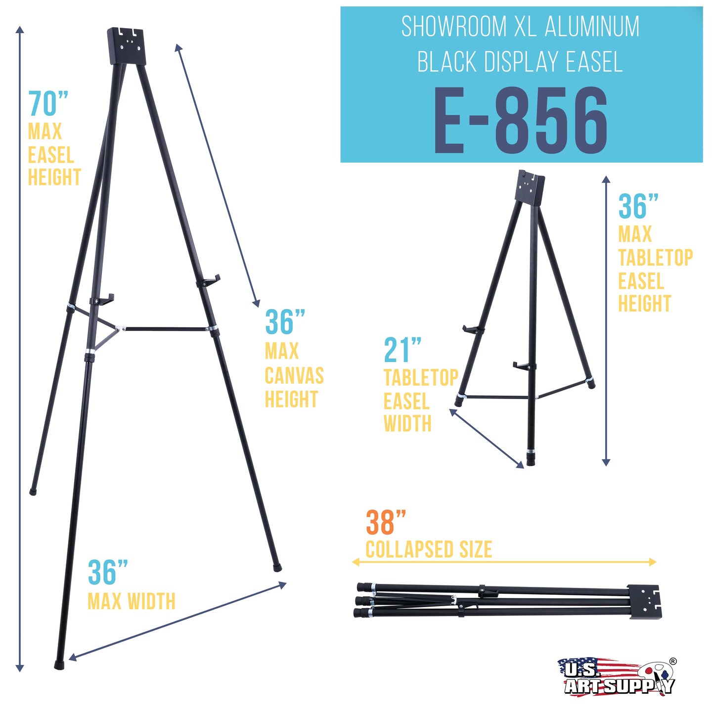 70&#x22; High Showroom XL Silver Metal Display Easel - Large Adjustable Height Portable Easel Stand, Sign Display, Holds 45 lbs - Floor &#x26; Tabletop Easels, Painting Stand