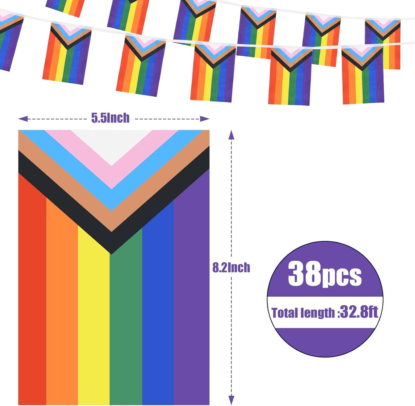 32.8ft 38 Pcs Progress Pride Pennant Flags Banner,Gay LGBTQ Rainbow Pride Banner Flag, Colorful Stripes Bunting Banner for Pride Decorations, Pride Month, Party, Restaurants, Garden Decor
