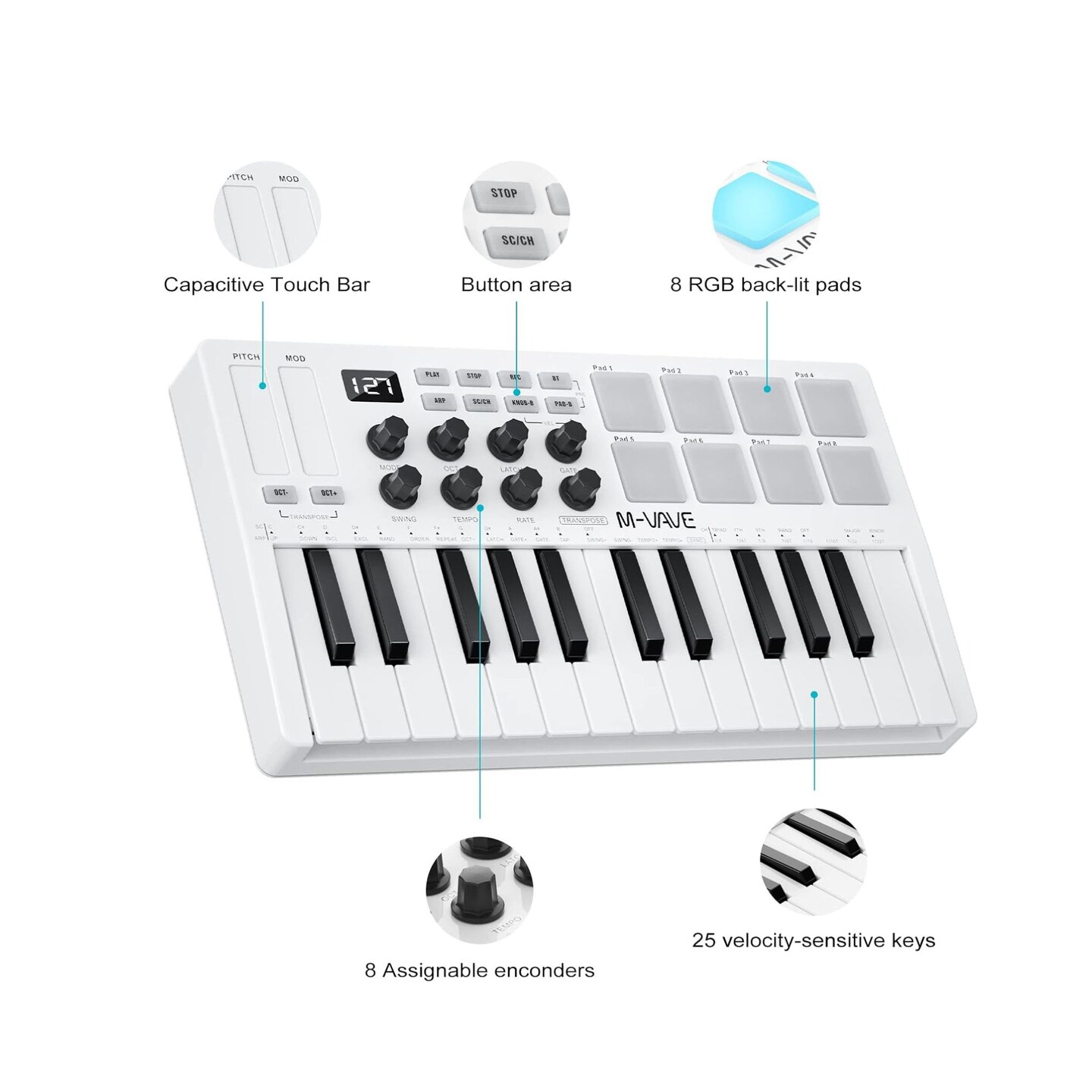 M-WAVE MIDI Keyboard Bluetooth &#x2013; 25-Key Pad Controller with Drum Pads, Knobs, Software Included