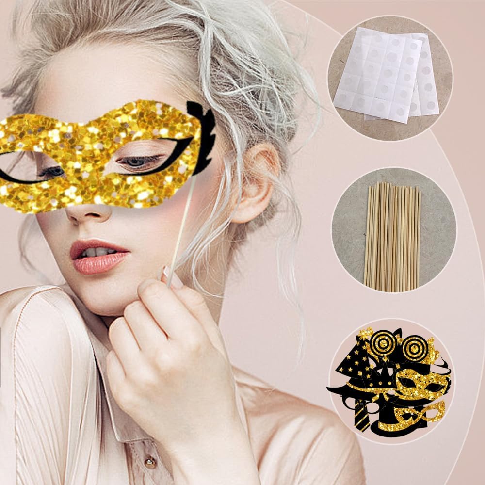 Black and Gold Party Photo Booth Props,24 Pieces Photobooth Picture Pose Sign Kit for Birthday Wedding Party Memorable Photos