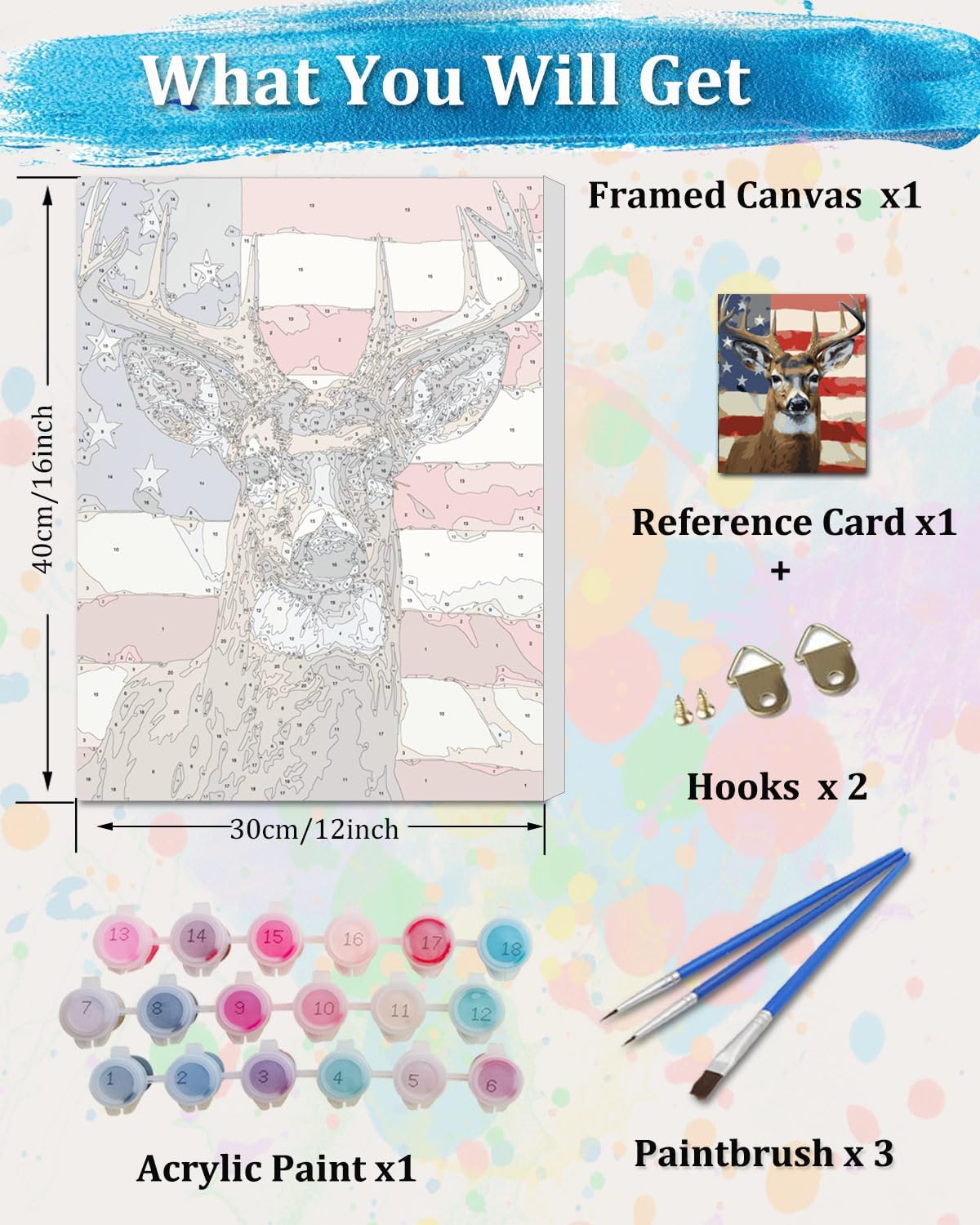 Framed Paint by Numbers Kit for Adults, American Deer Paint by Numbers with Frame,Deer Paint by Number Framed Canvas for Adults Animals (12x16Inch, Without Easel)