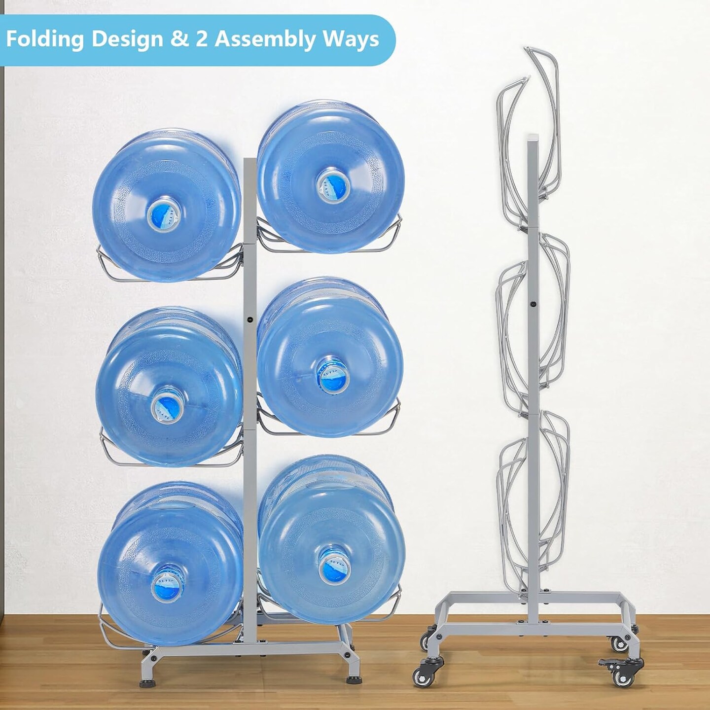 5 Gallon Water Cooler Jug Rack for 6 Bottles - 3-Tier Heavy-Duty Stand with Wheels, Silver, Space-Saving Storage for Home, Office, Garage
