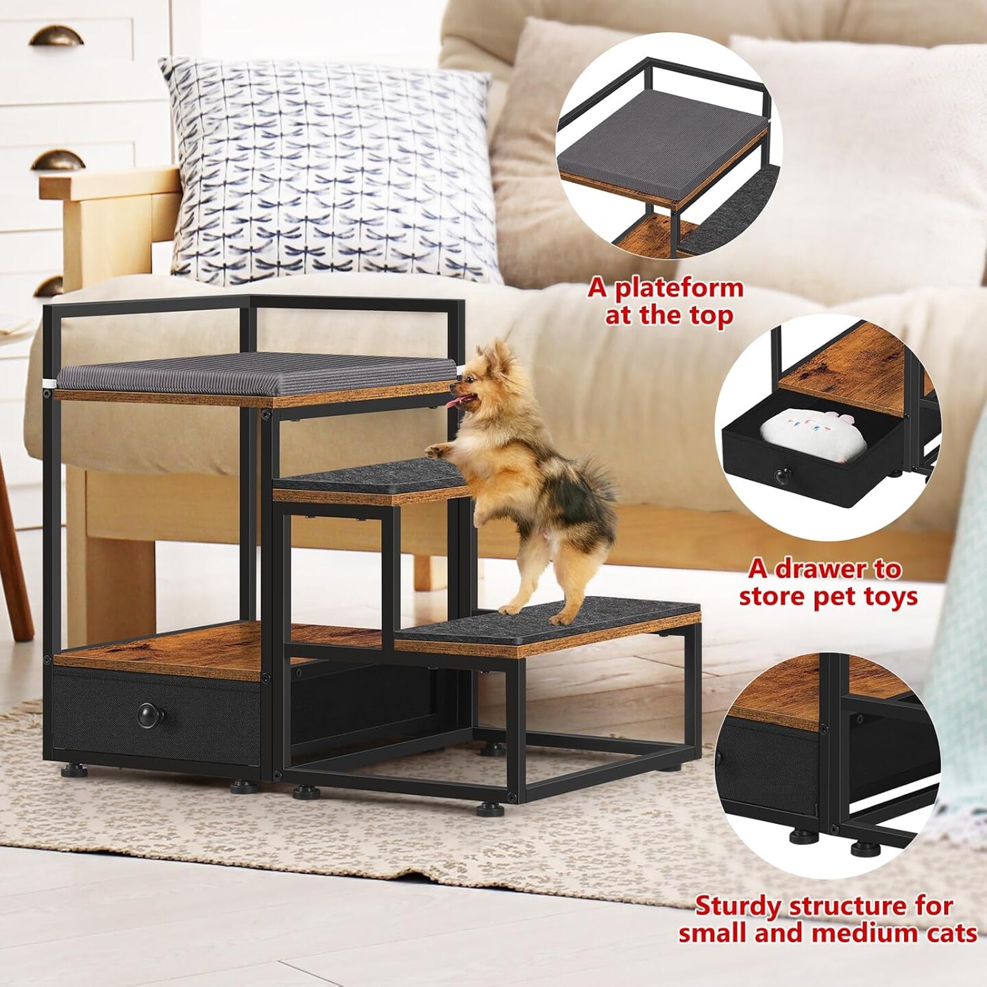 Rustic Brown Dog Window Perch with 2-Step Stairs &#x26; Storage Drawer - Elevated Pet Bed for Small Dogs/Cats, Non-Slip Stairs for Beds, Couches - Safe Climbing Platform