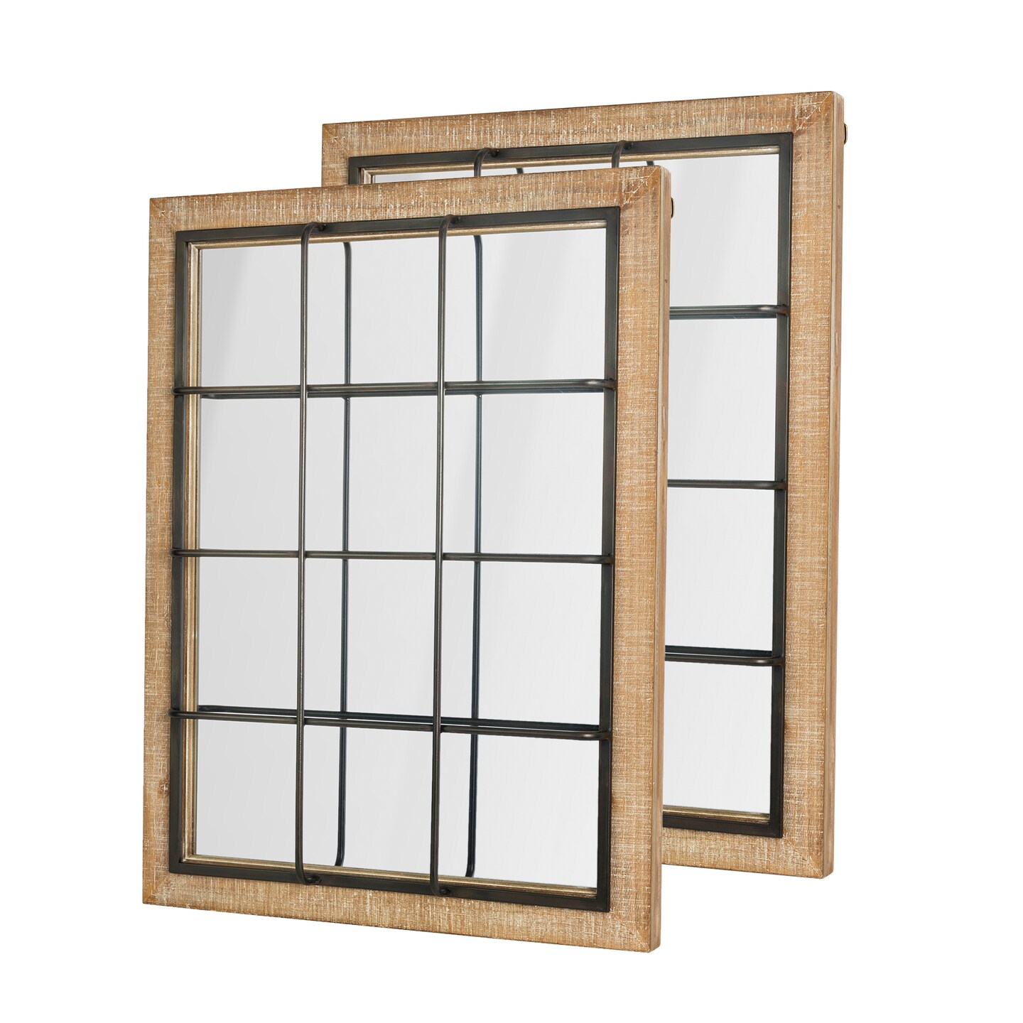 Set of 2 31.5&#x22;H Large Farmhouse Wooden Metal Windowpane Accent Wall Mirror