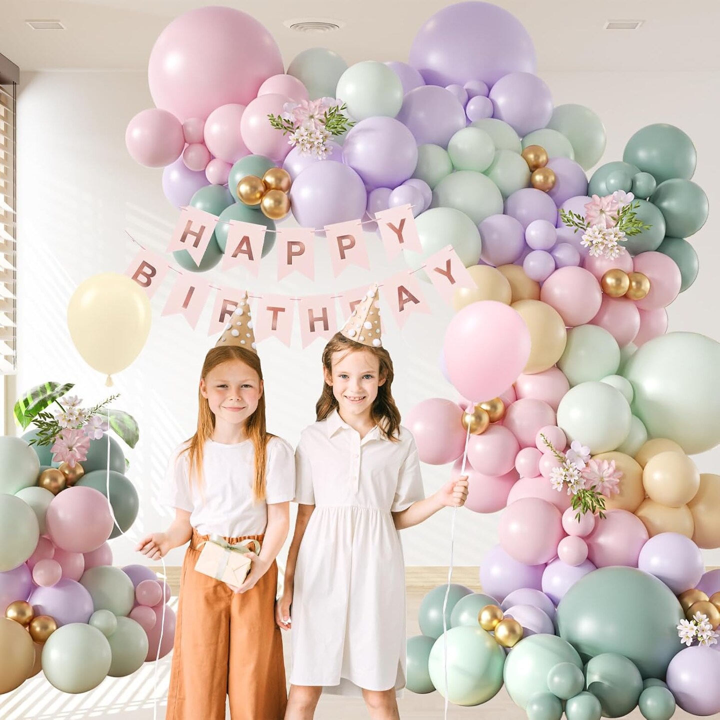 157pcs Pastel Pink and Purple Balloon Arch Garland Kit, Pink Purple Teal Light Green Nude Metallic Gold Latex Balloons for Baby Shower Spring Garden Tea Party Decorations