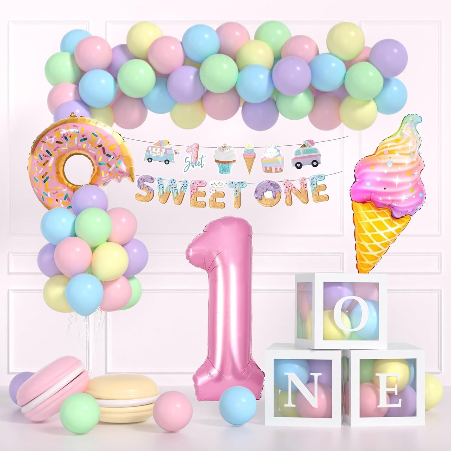 Sweet One Birthday Party Decorations, First Birthday Decorations For Girl With Pastel Balloons, 40inch Pink 1 Balloon, Sweet One Banner,O-N-E Box And Ice Cream Donuts Balloons for Party