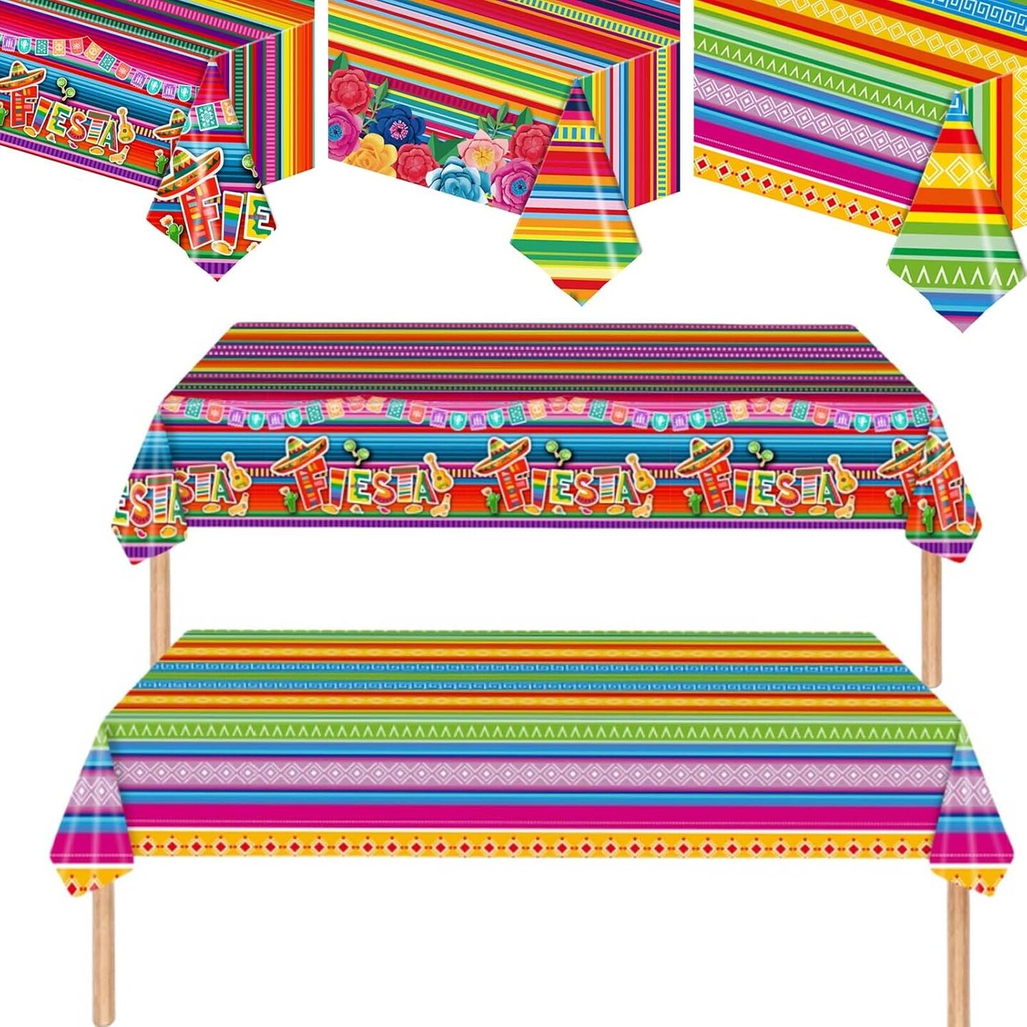 3 Pieces Different Mexican Fiesta Tablecloth Disposable Plastic Table Covers for Cinco de Mayo Mexico Theme Party Supplies Floral Stripes Rectangle Table Covers&#xFF08;108 x 54 Inches&#xFF09;