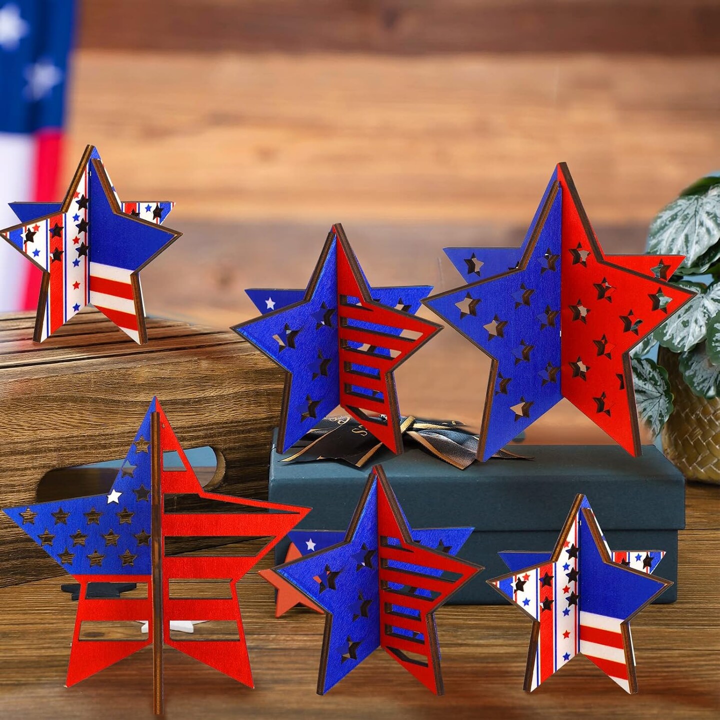 12-piece set of patriotic wooden star decorations featuring red, white, and blue designs, ideal for tiered trays, tables, shelves, and home or office décor to celebrate Independence Day and Memorial Day.
