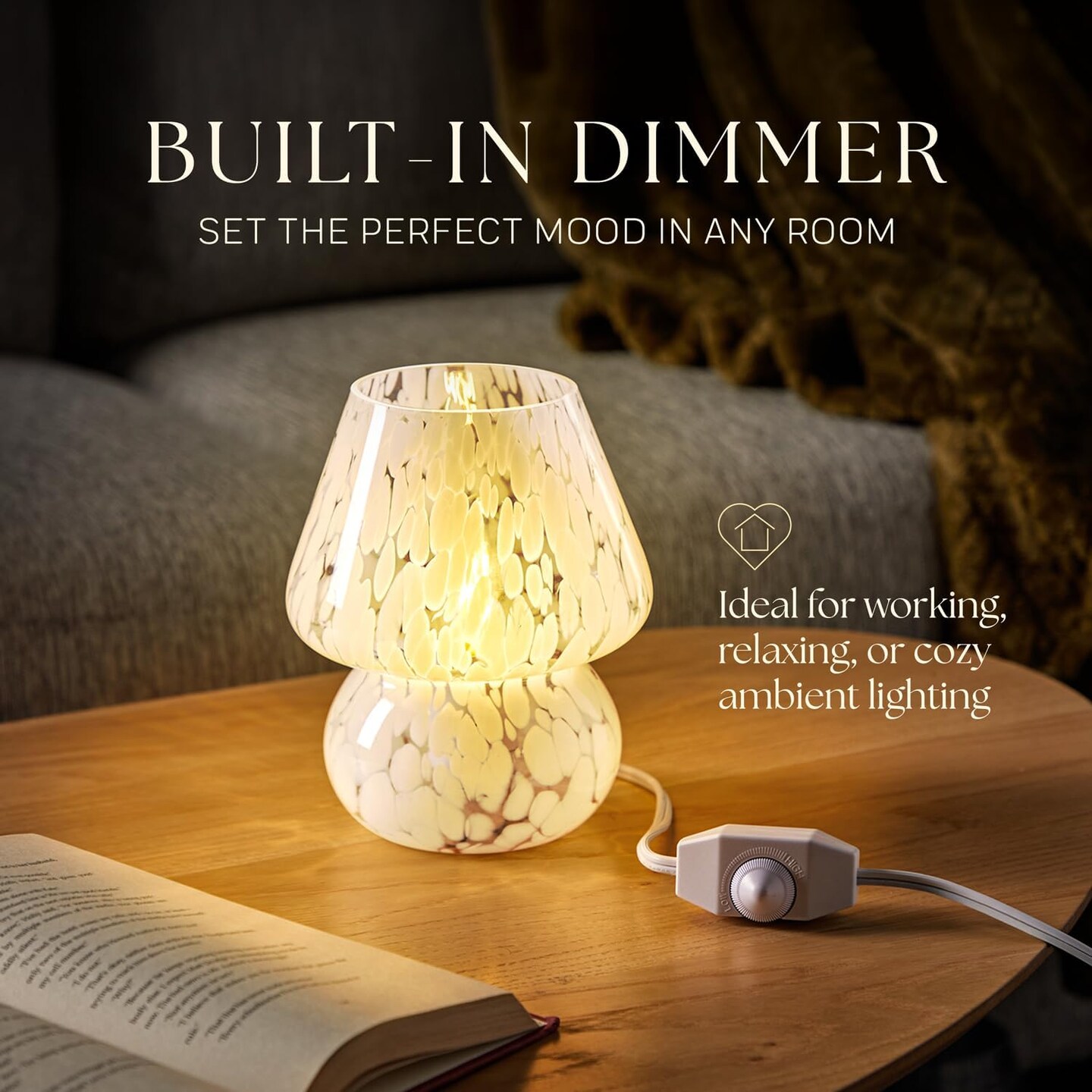 Next Glow Mushroom Lamp &#x2013; Dimmable LED Night Light with E26 Socket for Bedroom &#x26; Desk, Marbled White