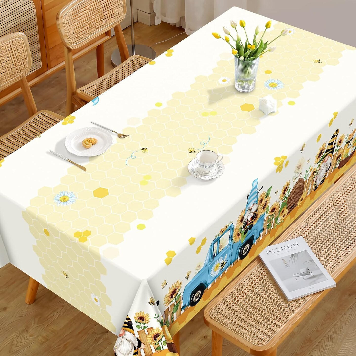 Sunflower Gnome Tablecloth Waterproof, Summer Table Cloth Rectangle Stain Resistant, Washable Bee Table Cover for Home Kitchen Dining Party Decoration (60&#xD7;84 Inch)