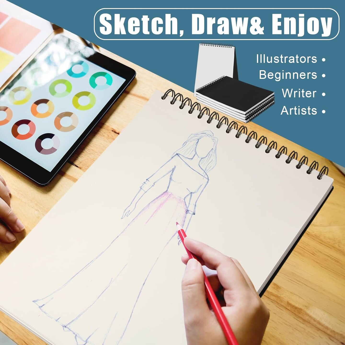 4 Pack 9&#x22; x 12&#x22; Sketch Book Top Spiral Bound Sketch Pad 100 Sheets 100 GSM Spiral Bound Art Sketchbook Artistic Drawing Painting Writing Paper for Adults Beginners Artists