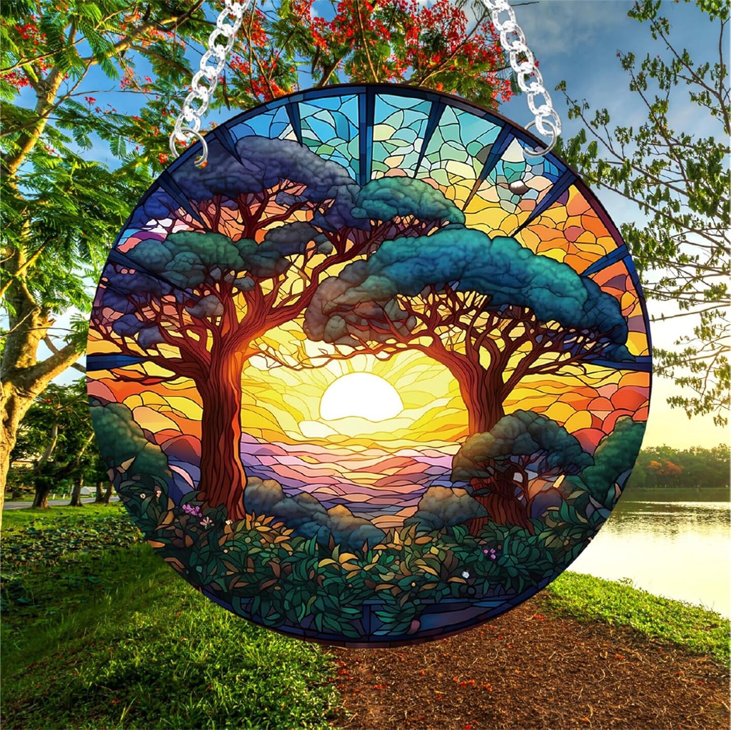 Summer Forest Trees Sunset Stained Acrylic Window Hanging Panels Indoor Outdoor Round Windows Hanger Kitchen Bedroom Garden Wall Art Decor Gifts