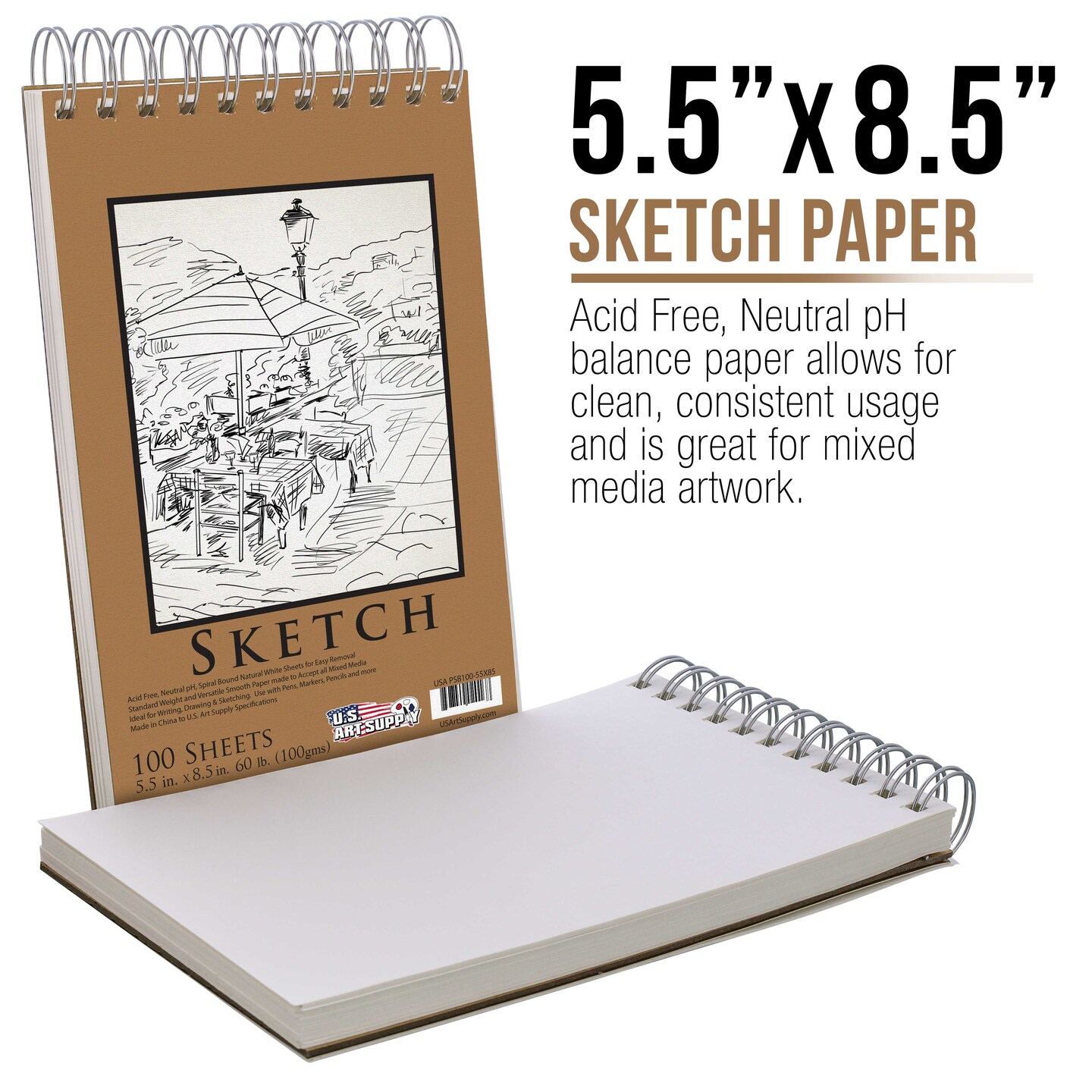5.5&#x22;x8.5&#x22; Top Spiral Bound Sketch Book, 2 Pack, 100 Sheets Each, 60lb (100gsm), Acid-Free, Artist Sketchbook, Drawing Pad for Adults &#x26; Students