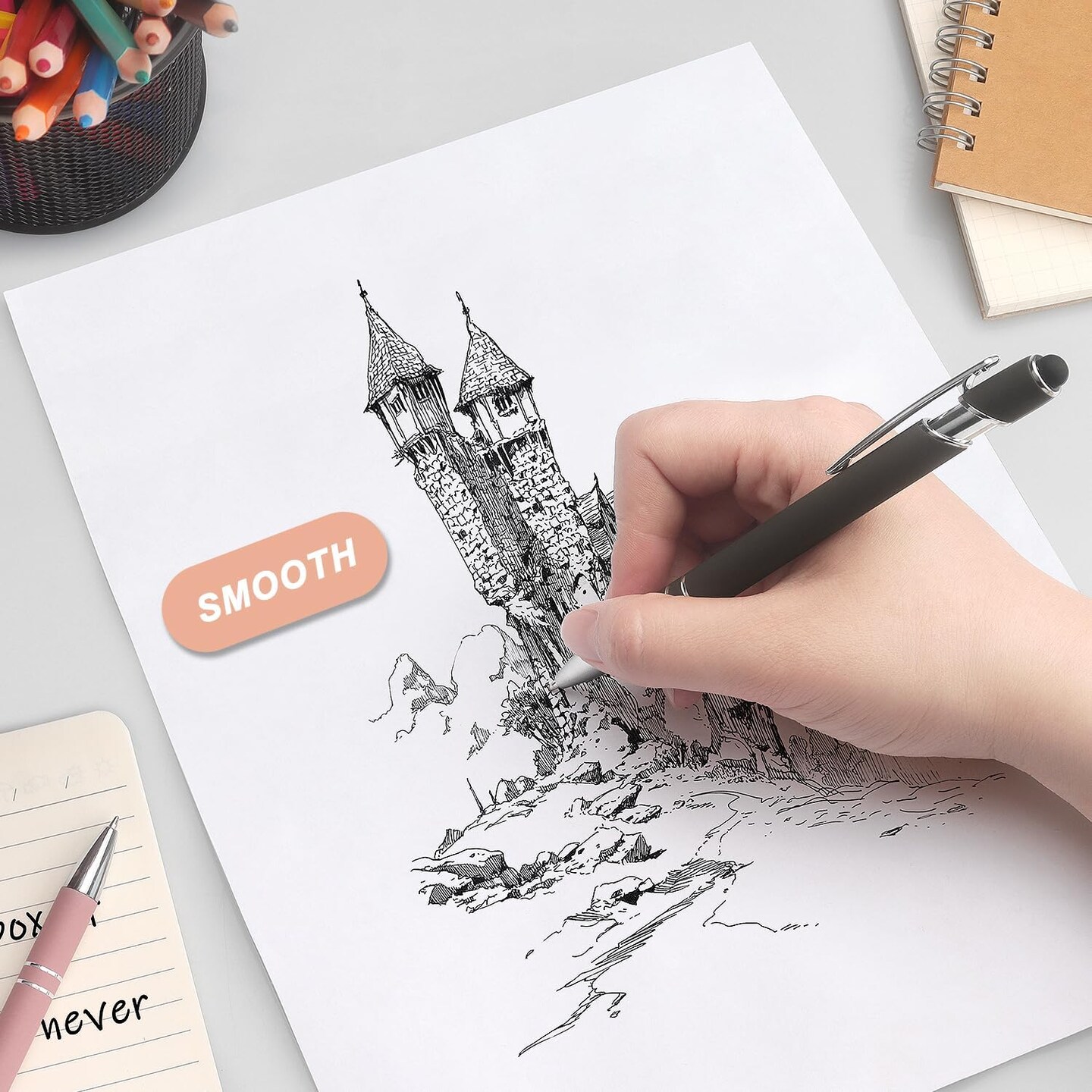 Ballpoint Pen 2-in-1 Stylus Retractable Ballpoint Pen with Stylus tip, Metal Stylus Pen for Touch Screens, 1.0 mm Black Ink (Pastel Color) 6 Pack