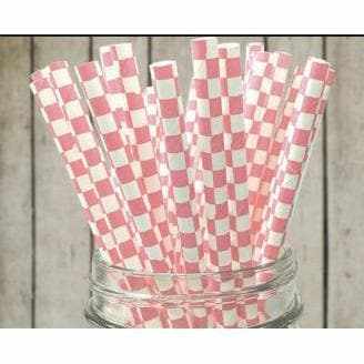 Bakell - Light Pink Checkered Cake Pop Party Straws - 24pc