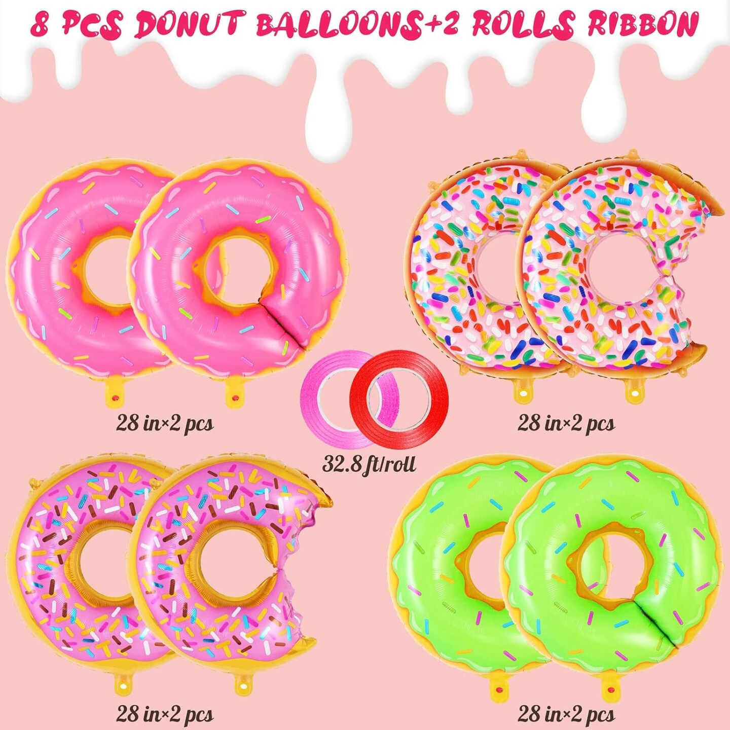 Donut Balloon Party Decoration, 8 Pcs Large Doughnut Foil Mylar Balloons, Candy Sprinkle Balloons for Donut Themed Birthday Party Donut Grow up Party Baby Shower