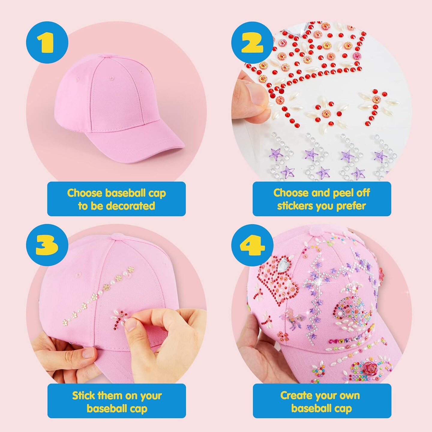 Decorate Your Own Baseball Cap with 7 Sheets Gems Stickers, Art & Crafts Kit