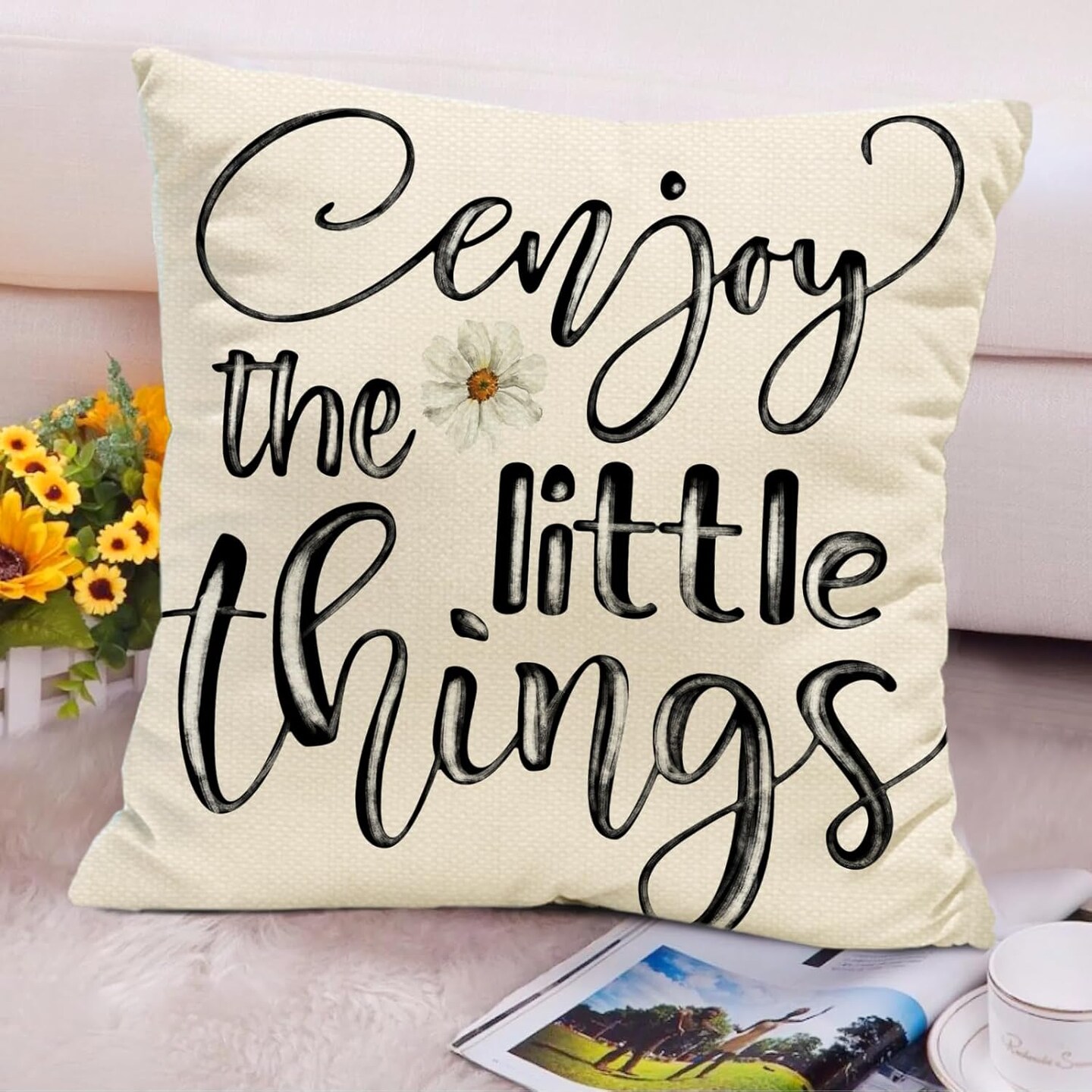 Spring Summer Throw Pillow Covers 18 x 18 Inch Bless My Blooms Pillow Case White Daisy Enjoy The Little Things Farmhouse Seasonal Cushion Case Decoration for Sofa Couch Set of 4