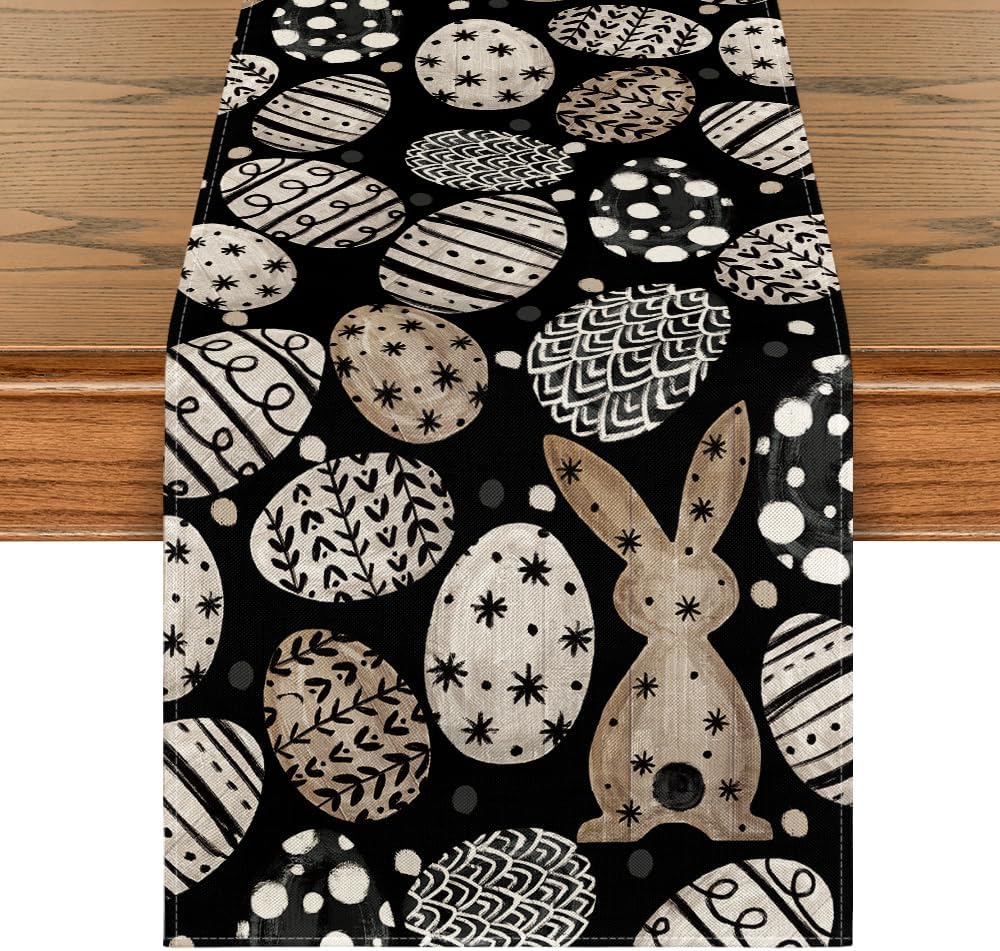 Bunny rabbit, eggs, flowers Easter table runner, 13x72 inches, spring kitchen dining decor.
