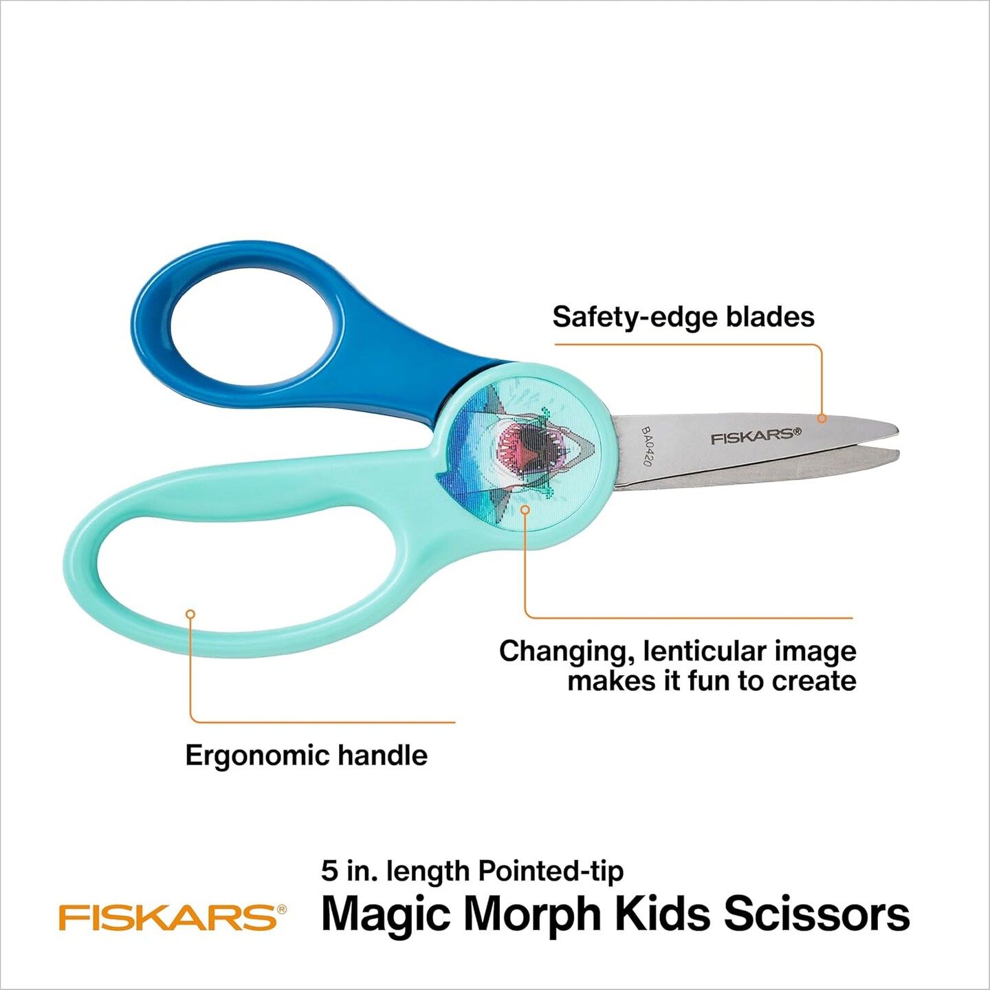 Magic Morph Kids Scissors - Image Moves when Tilted - Pointed-tip for Ages 4+ - Fun Shark Design - Back to School Supplies