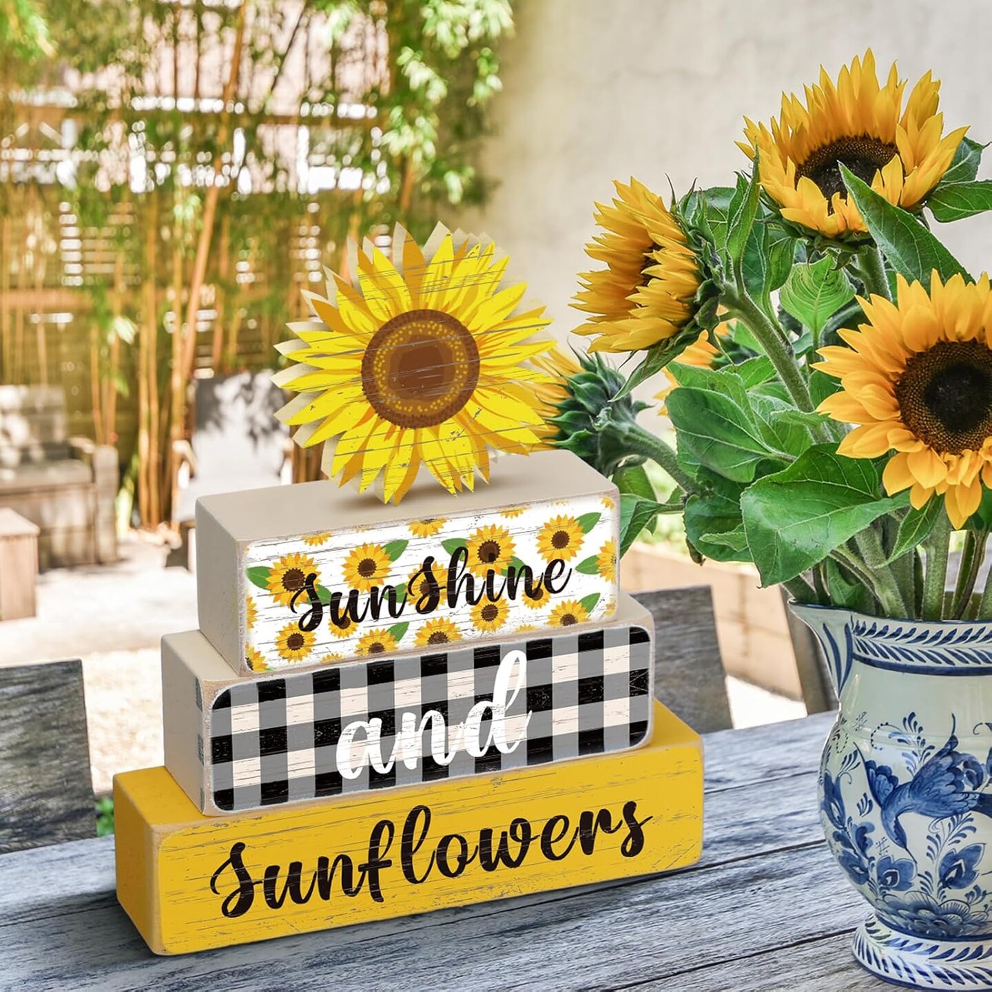 4PCS Sunflower Wooden Table Decor – Rustic Farmhouse Tiered Tray & Centerpieces