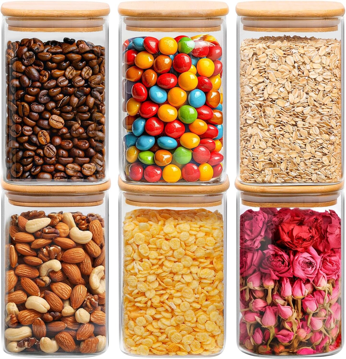37 oz Glass Storage Containers with Lids, Glass Jars with Lids, Clear Food Jar, Square Canister Set of 6, Pantry Organizers and Storage for Cookie Flour Oat Pasta Tea Coffee Bean